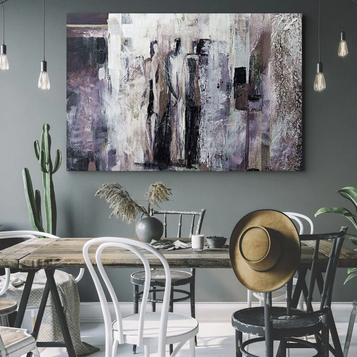 Obraz na plátně - Abstraktní kompozice se třemi postavami v pastelových barvách. - 70x50cm - Tajemná trojice - Moderní nástěnná dekorace do obývacího pokoje a ložnice ARTTOR