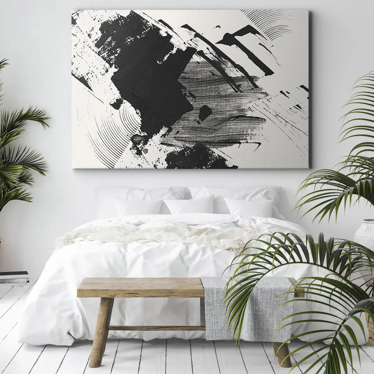 Obraz na plátně - Abstraktní tahy černé na bílém pozadí - 70x50cm - Abstrakce – exprese černé - Moderní nástěnná dekorace do obývacího pokoje a ložnice ARTTOR