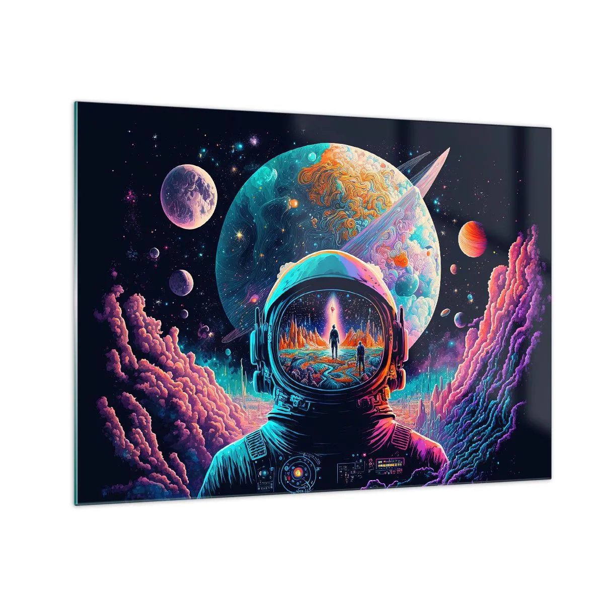Obraz na skle - Vesmírná krajina s astronautem a surrealistickou planetou. - 70x50cm - Filosofům se to ani nesnilo - Moderní nástěnná dekorace do obývacího pokoje a ložnice ARTTOR