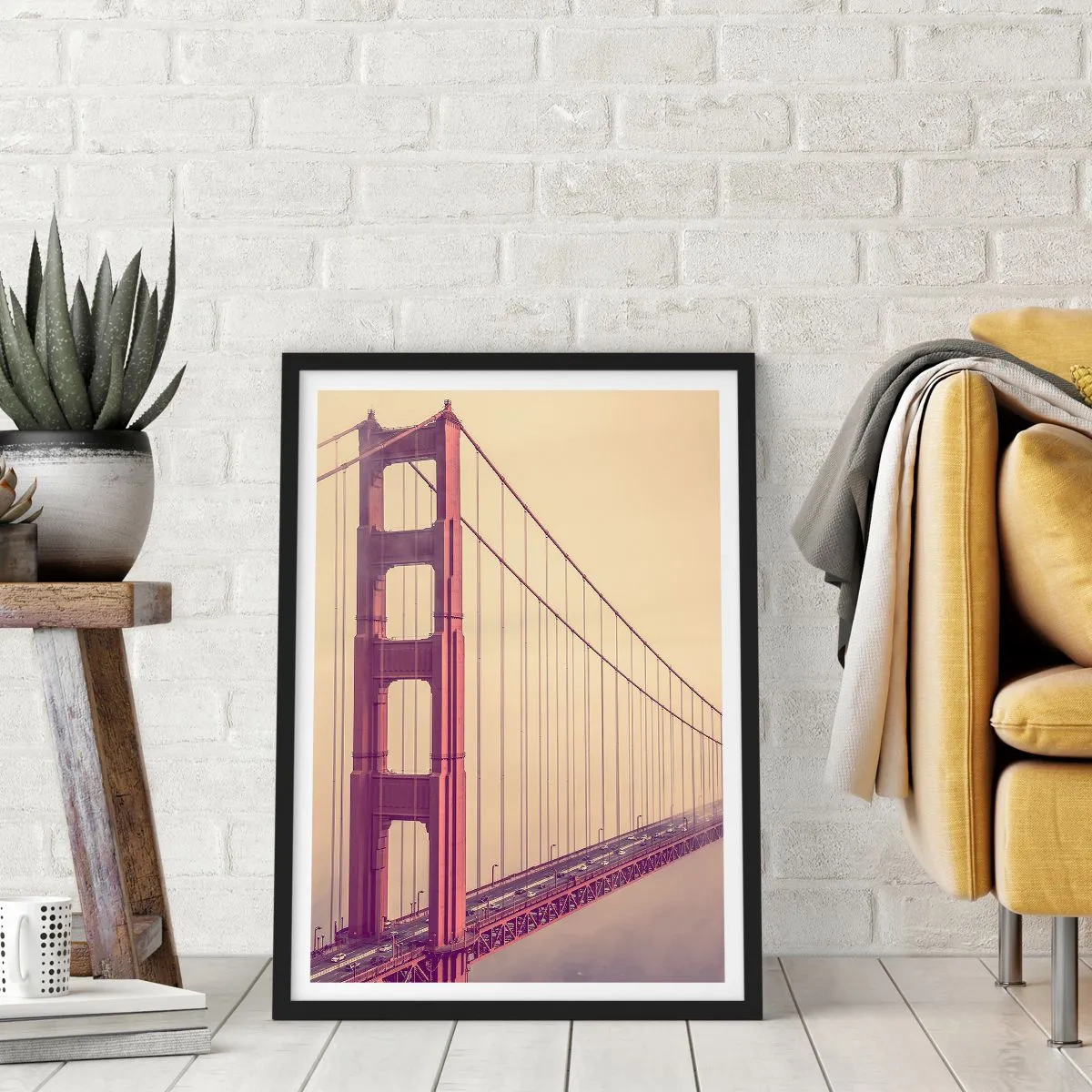 Plakát v černém rámu - Most Golden Gate v mlze vintage - 50x70cm - Mezi nebem a zemí - Moderní nástěnná dekorace do obývacího pokoje a ložnice ARTTOR