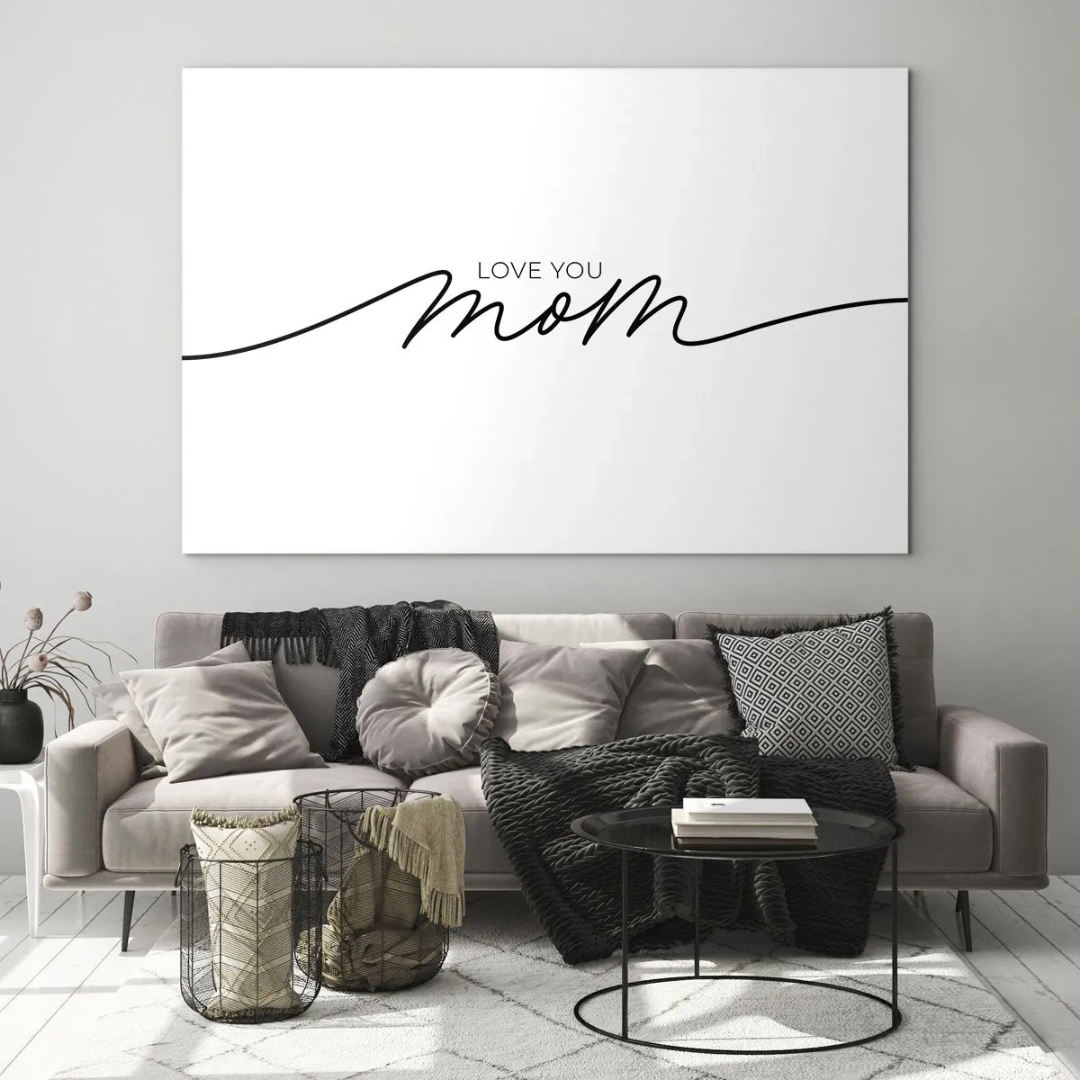 Obraz na skle - Minimalistický nápis Love You Mom v černé barvě na bílém pozadí - 70x50cm - Velké emoce - Moderní nástěnná dekorace do obývacího pokoje a ložnice ARTTOR