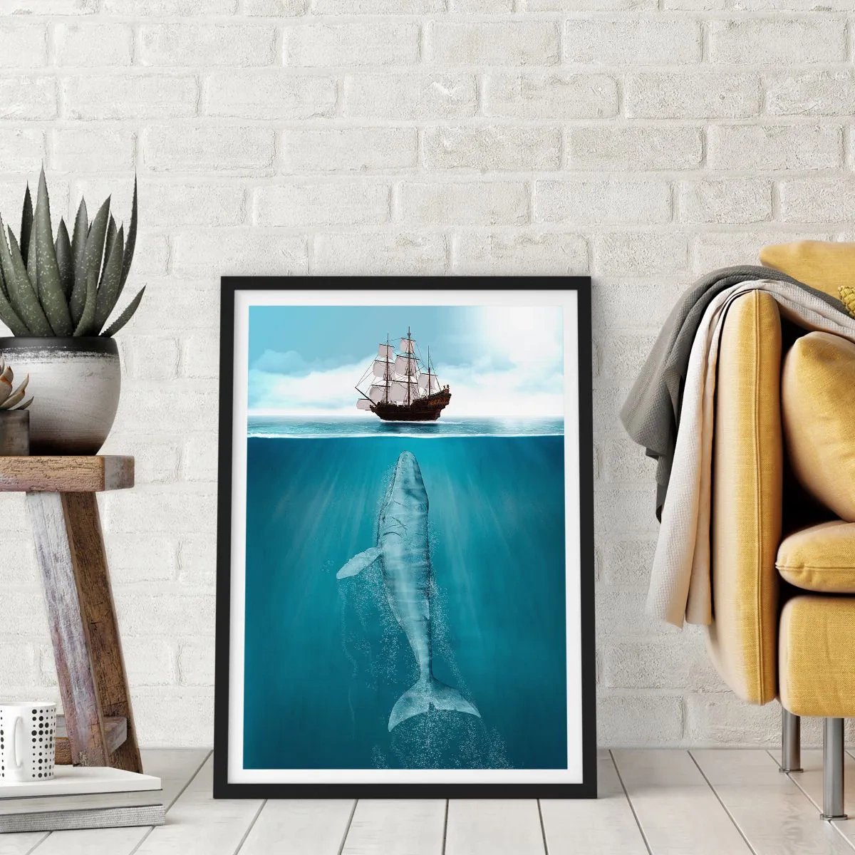 Plakát v černém rámu - Loď na hladině s velrybou pod ní, v surrealistickém záběru - 50x70cm - Lepší nevědět - Moderní nástěnná dekorace do obývacího pokoje a ložnice ARTTOR