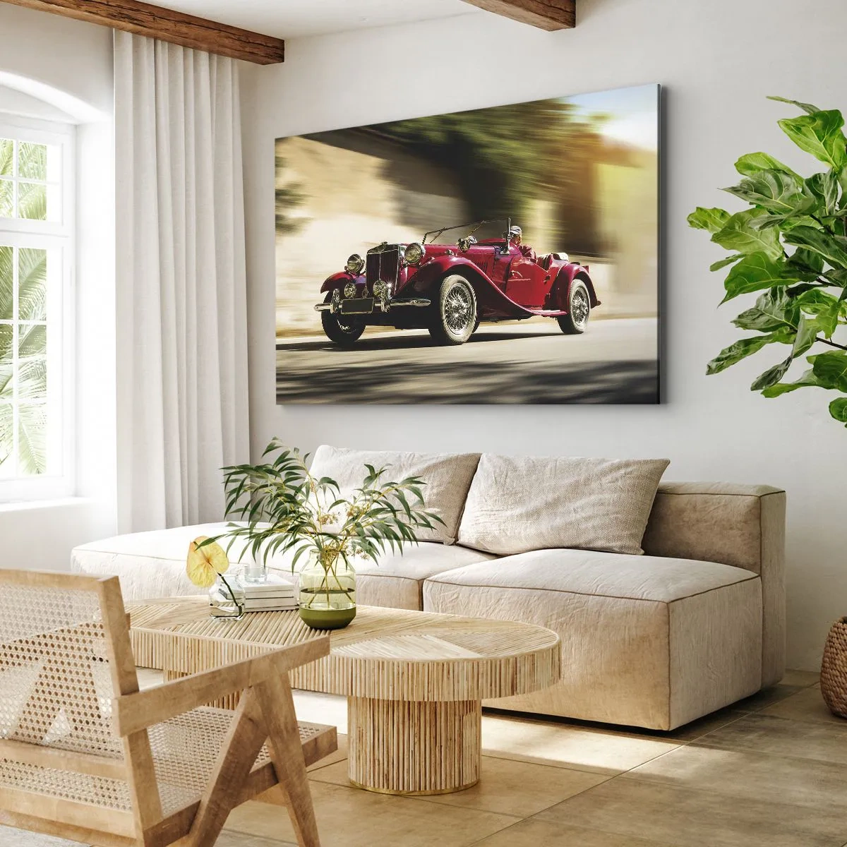Obraz na plátně - Červené klasické auto v pohybu na slunné ulici - 70x50cm - Krásnější než Níké Samothrácká - Moderní nástěnná dekorace do obývacího pokoje a ložnice ARTTOR
