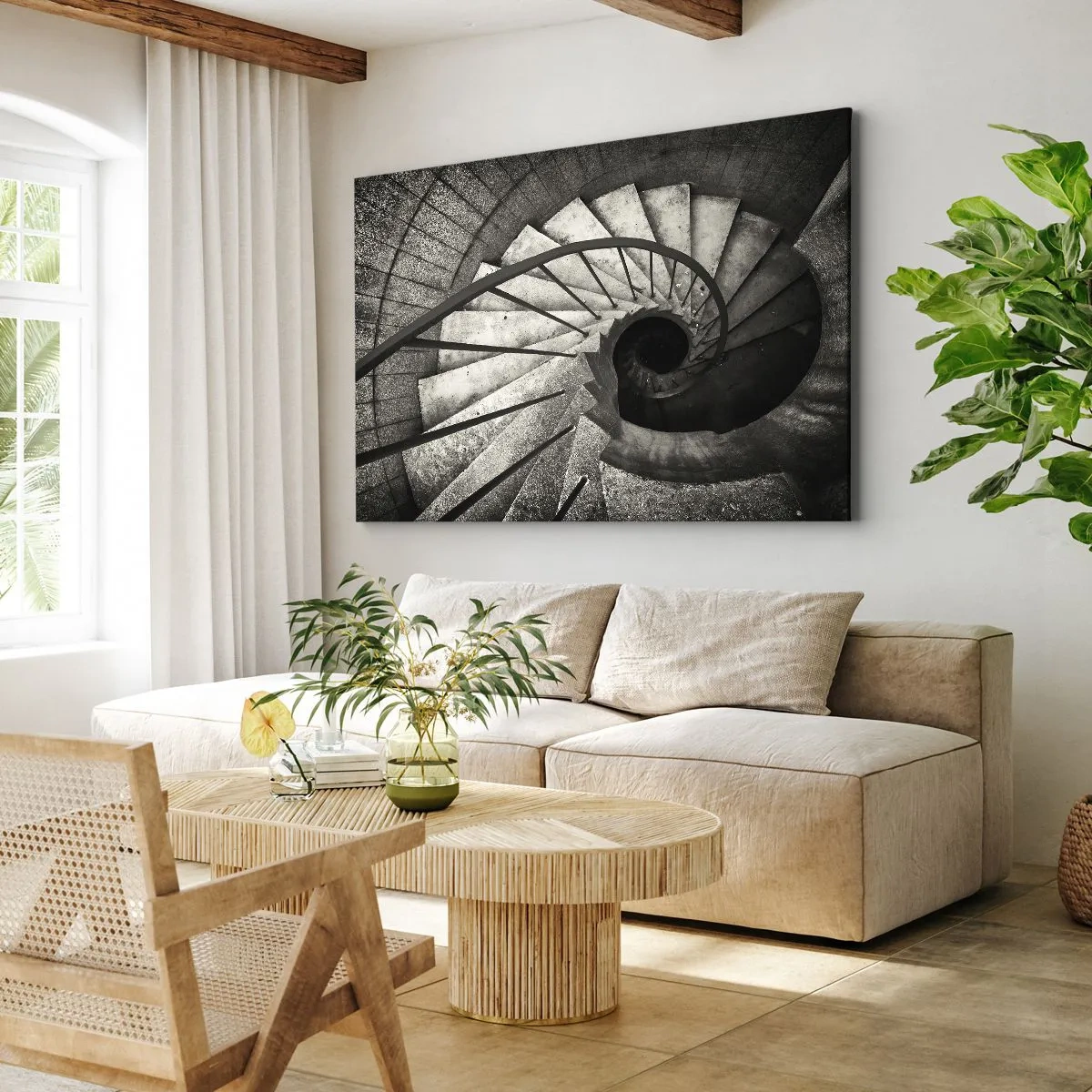 Obraz na plátně - Černobílé točité schodiště v moderním stylu - 70x50cm - Nahoru po schodech, dolů po schodech - Moderní nástěnná dekorace do obývacího pokoje a ložnice ARTTOR