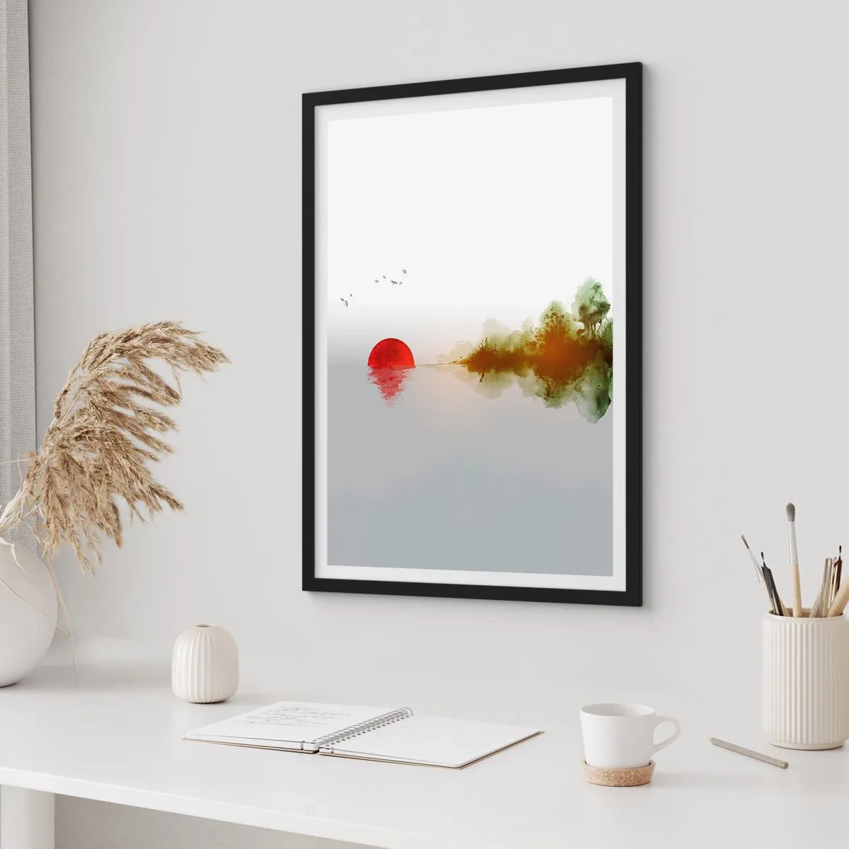 Plakát v černém rámu - Minimalistická krajina s rudým sluncem a jezerem. - 50x70cm - Příslib klidu - Moderní nástěnná dekorace do obývacího pokoje a ložnice ARTTOR