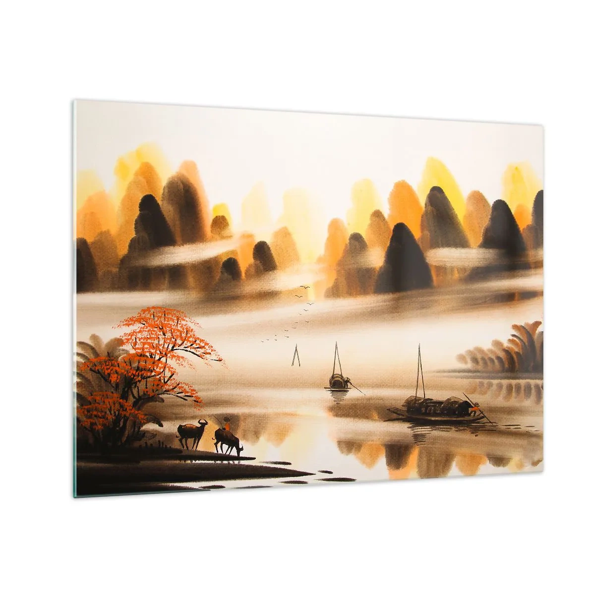 Obraz na skle - Orientální krajina s loděmi a horami v mlze - 70x50cm - Dál než na Dálném východu - Moderní nástěnná dekorace do obývacího pokoje a ložnice ARTTOR
