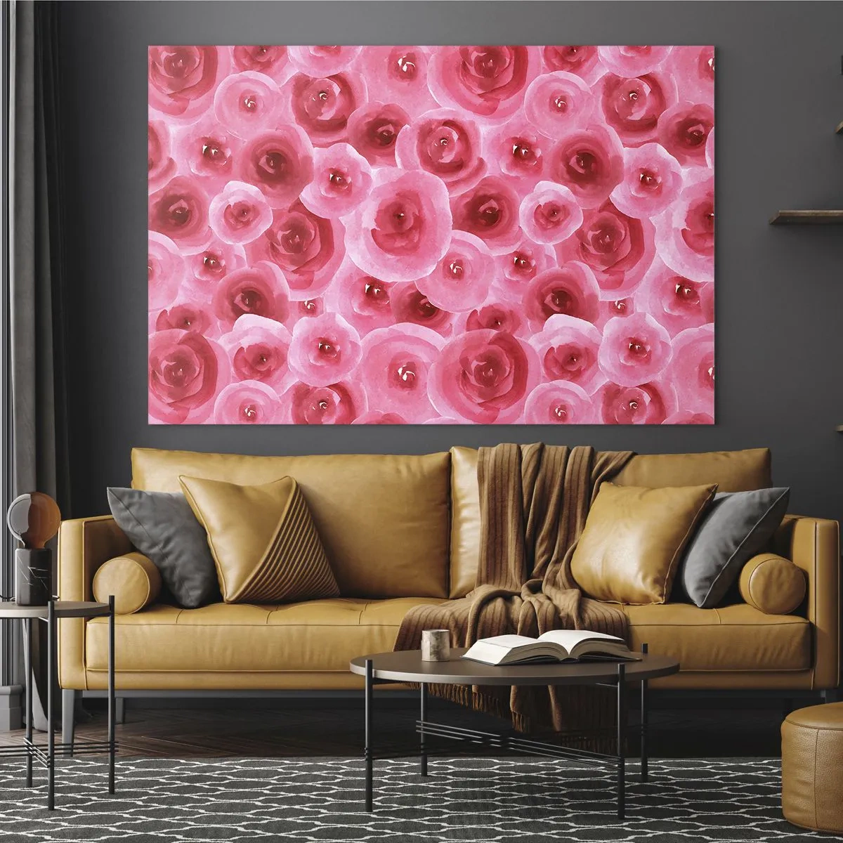 Obraz na skle - Akvarelový vzor růže v odstínech červené a růžové - 70x50cm - Růže dole i nahoře - Moderní nástěnná dekorace do obývacího pokoje a ložnice ARTTOR
