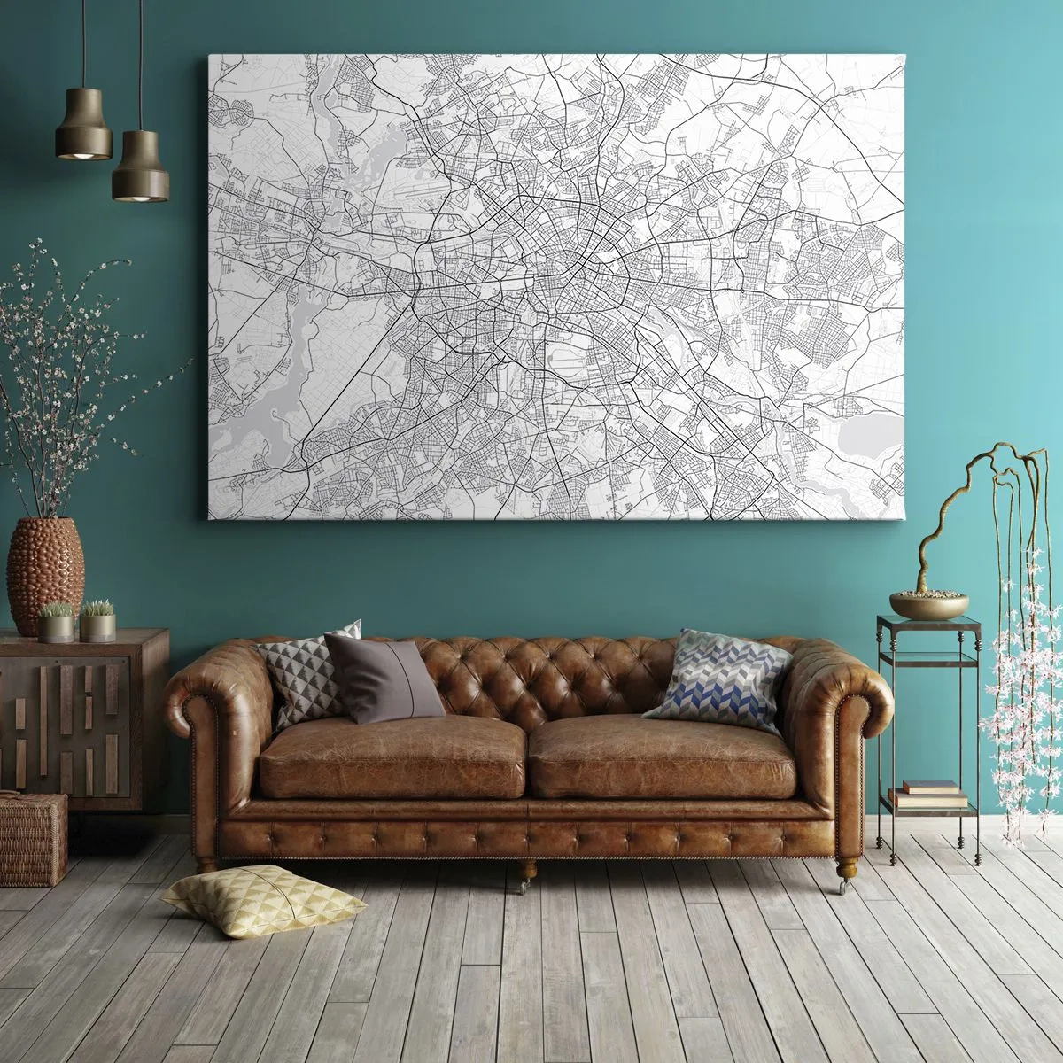 Obraz na plátně - Podrobná černobílá mapa města - 70x50cm - Květ Berlína - Moderní nástěnná dekorace do obývacího pokoje a ložnice ARTTOR