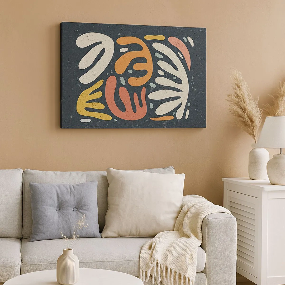 Obraz na plátně - Abstraktní tvary v teplých barvách na tmavém pozadí - 70x50cm - Kompozice – hned tě chytím - Moderní nástěnná dekorace do obývacího pokoje a ložnice ARTTOR