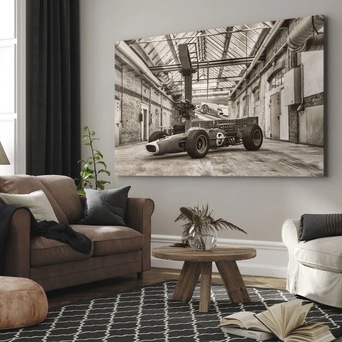 Obraz na plátně - Černobílé závodní auto v industriálním interiéru - 70x50cm - Odpočinek vítěze - Moderní nástěnná dekorace do obývacího pokoje a ložnice ARTTOR