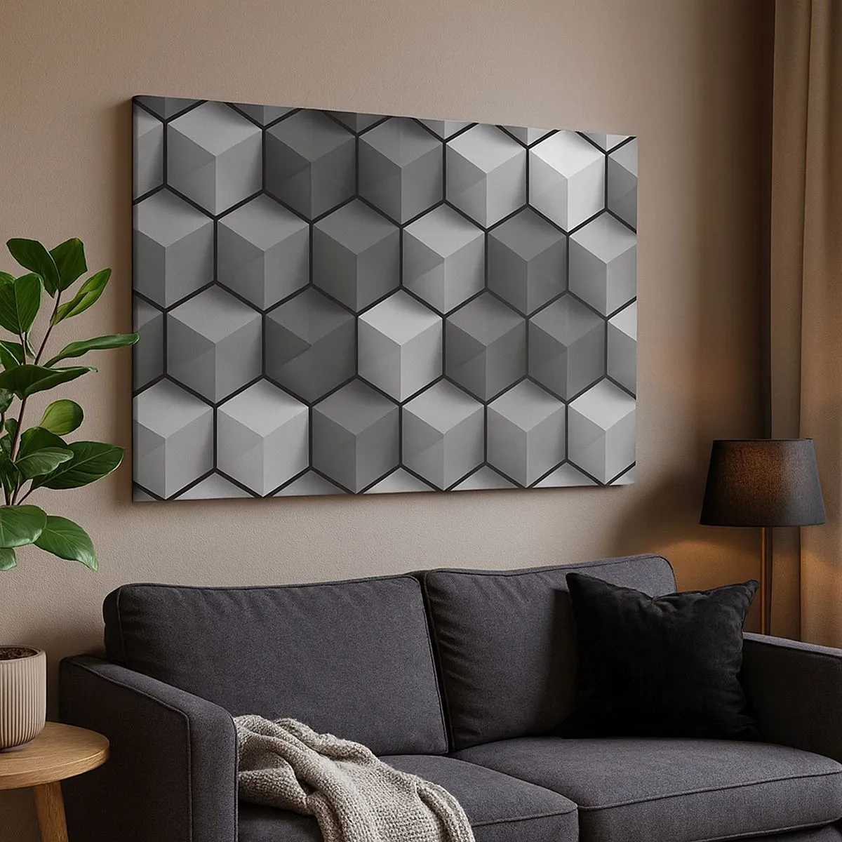 Obraz na plátně - Geometrické složení kostek v odstínech šedé a černé - 70x50cm - Kubistické puzzle - Moderní nástěnná dekorace do obývacího pokoje a ložnice ARTTOR