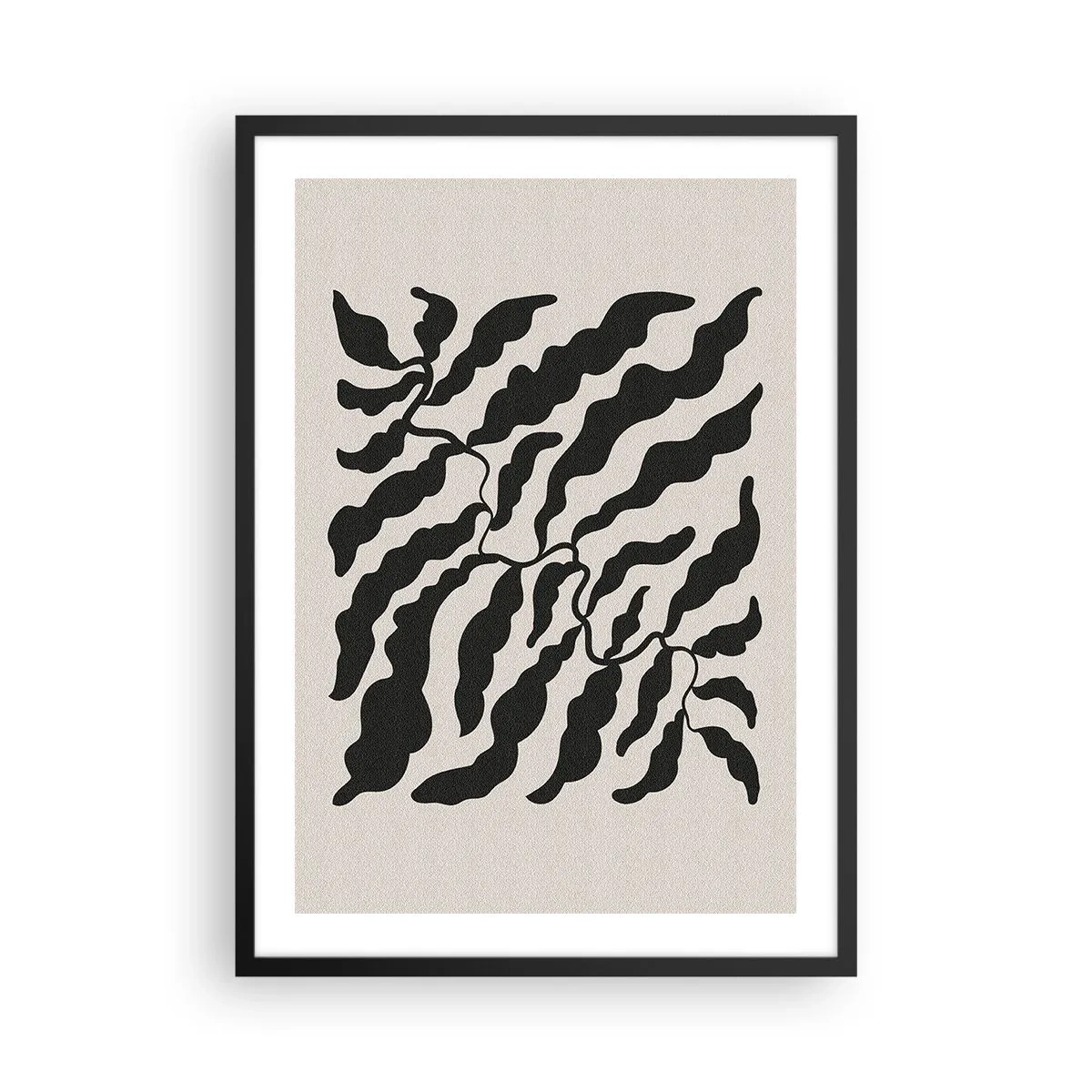 Plakát v černém rámu - Abstraktní rostlinná kompozice v černé barvě na béžovém pozadí - 50x70cm - Povaha čtverce - Moderní nástěnná dekorace do obývacího pokoje a ložnice ARTTOR