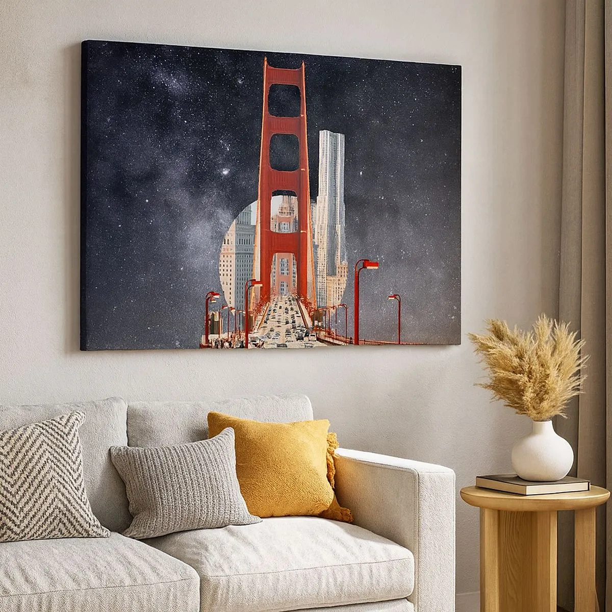 Obraz na plátně - Most Golden Gate s městem v pozadí proti hvězdné obloze - 70x50cm - Vždy uprostřed - Moderní nástěnná dekorace do obývacího pokoje a ložnice ARTTOR