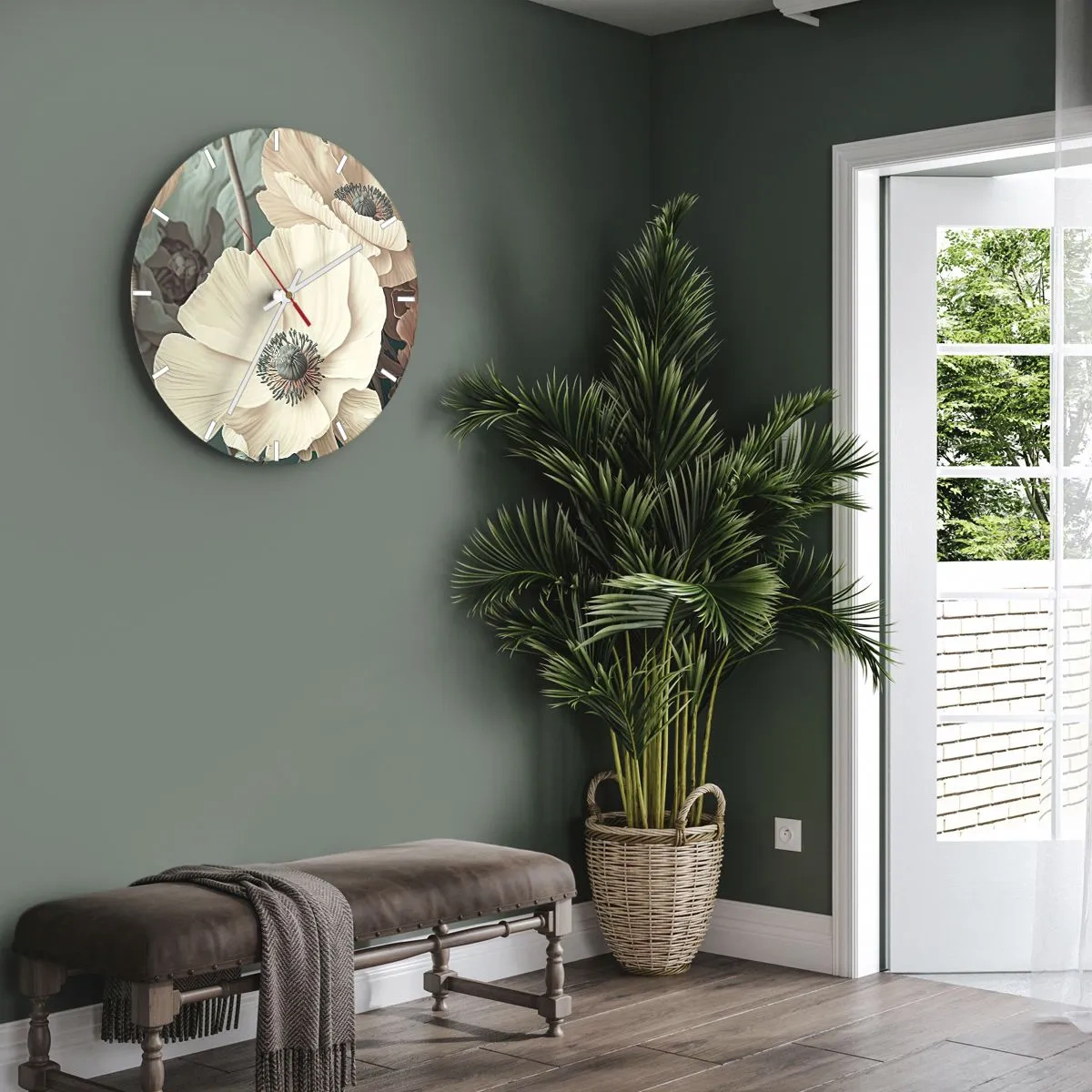 Nástěnné hodiny - Krémové květy máku na pozadí listí v tlumené pastelové paletě - 30x30cm - Šepot máků - Moderní nástěnná dekorace do obývacího pokoje, kuchyně a ložnice ARTTOR