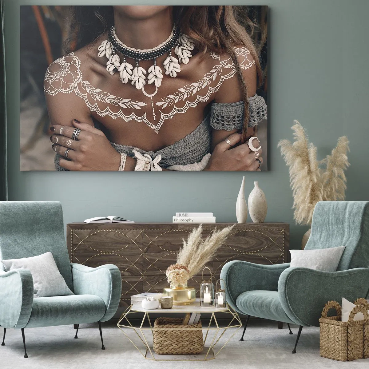Obraz na plátně - Boho styl s mušlovými šperky a krajkovým vzorem - 70x50cm - Talismany, rituály ženskosti - Moderní nástěnná dekorace do obývacího pokoje a ložnice ARTTOR