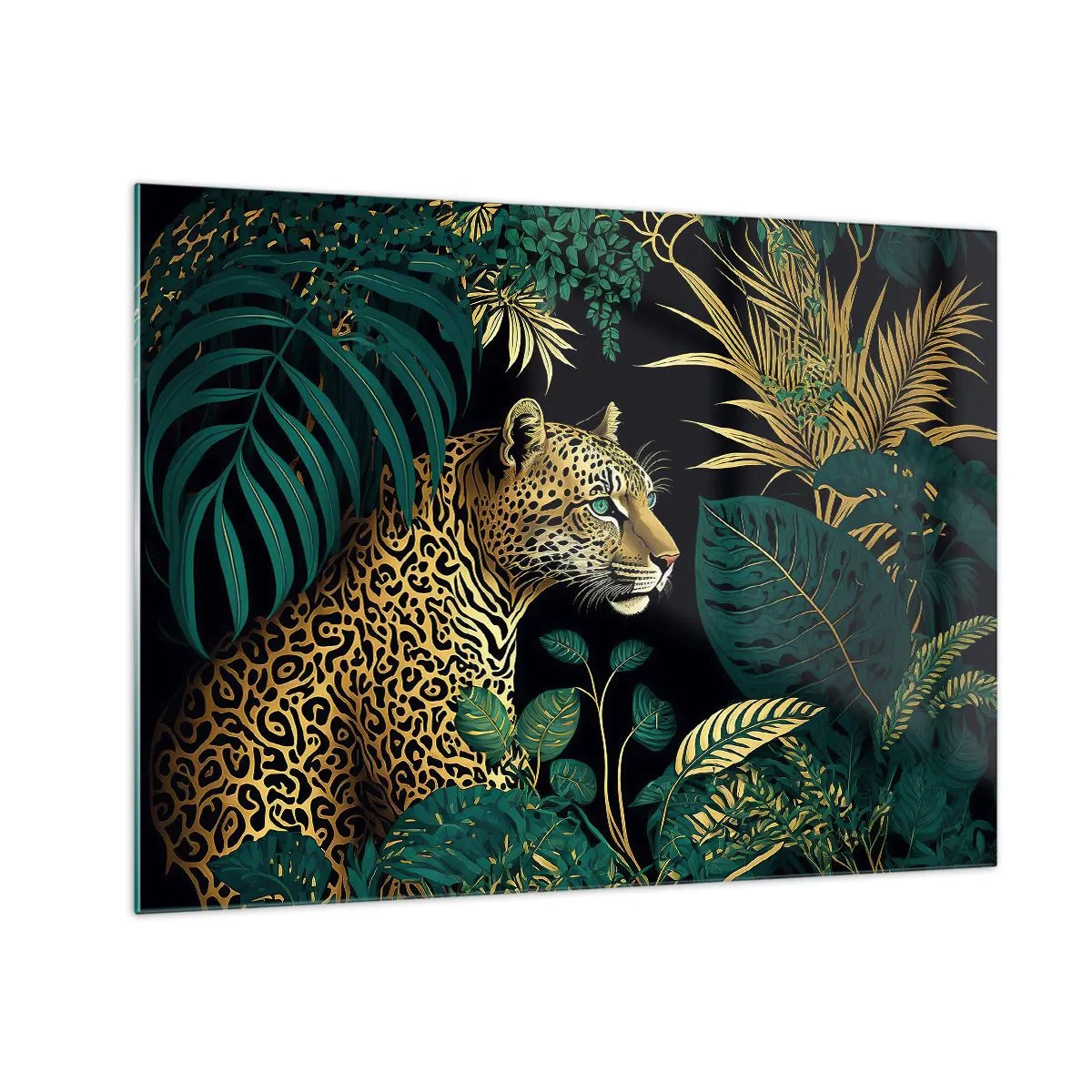 Obraz na skle - Leopard mezi tropickými listy na tmavém pozadí - 70x50cm - Domácí v džungli - Moderní nástěnná dekorace do obývacího pokoje a ložnice ARTTOR