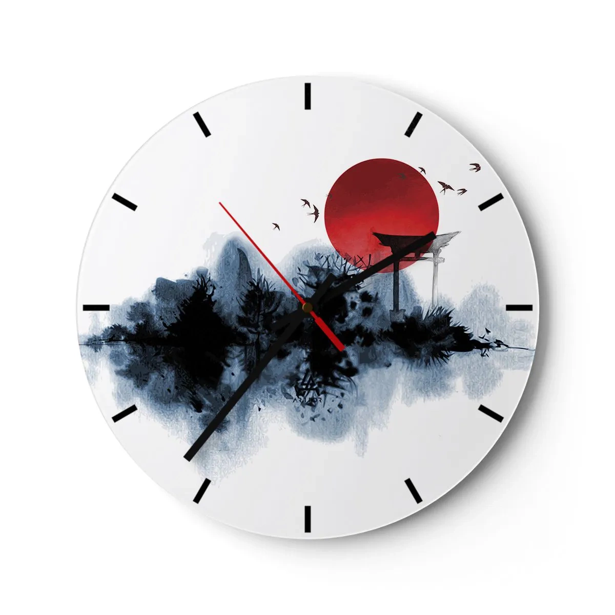 Nástěnné hodiny - Červená sluneční koule a brána torii v japonském stylu nad vodou - 30x30cm - Japonský pohled - Moderní nástěnná dekorace do obývacího pokoje, kuchyně a ložnice ARTTOR