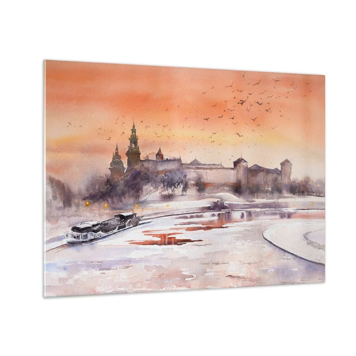 Obraz na skle - Západ slunce nad královským hradem a řekou v zimě - 70x50cm - Královský západ slunce - Moderní nástěnná dekorace do obývacího pokoje a ložnice ARTTOR