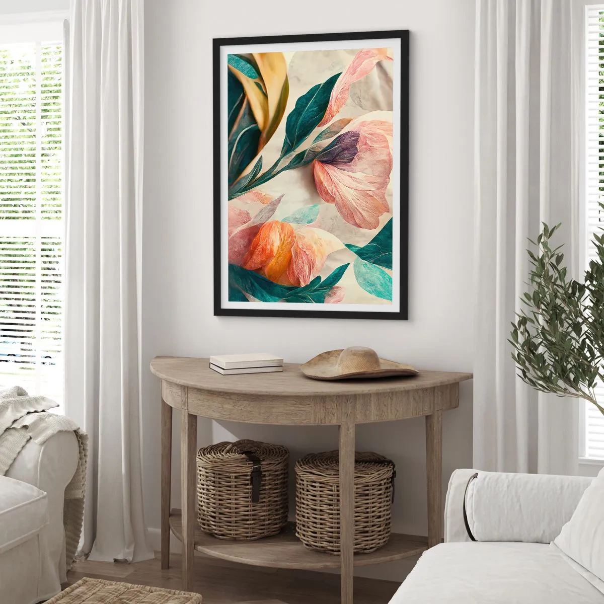 Plakát v černém rámu - Barevné květy a listy v umělecké kompozici - 50x70cm - Květiny jižních ostrovů - Moderní nástěnná dekorace do obývacího pokoje a ložnice ARTTOR