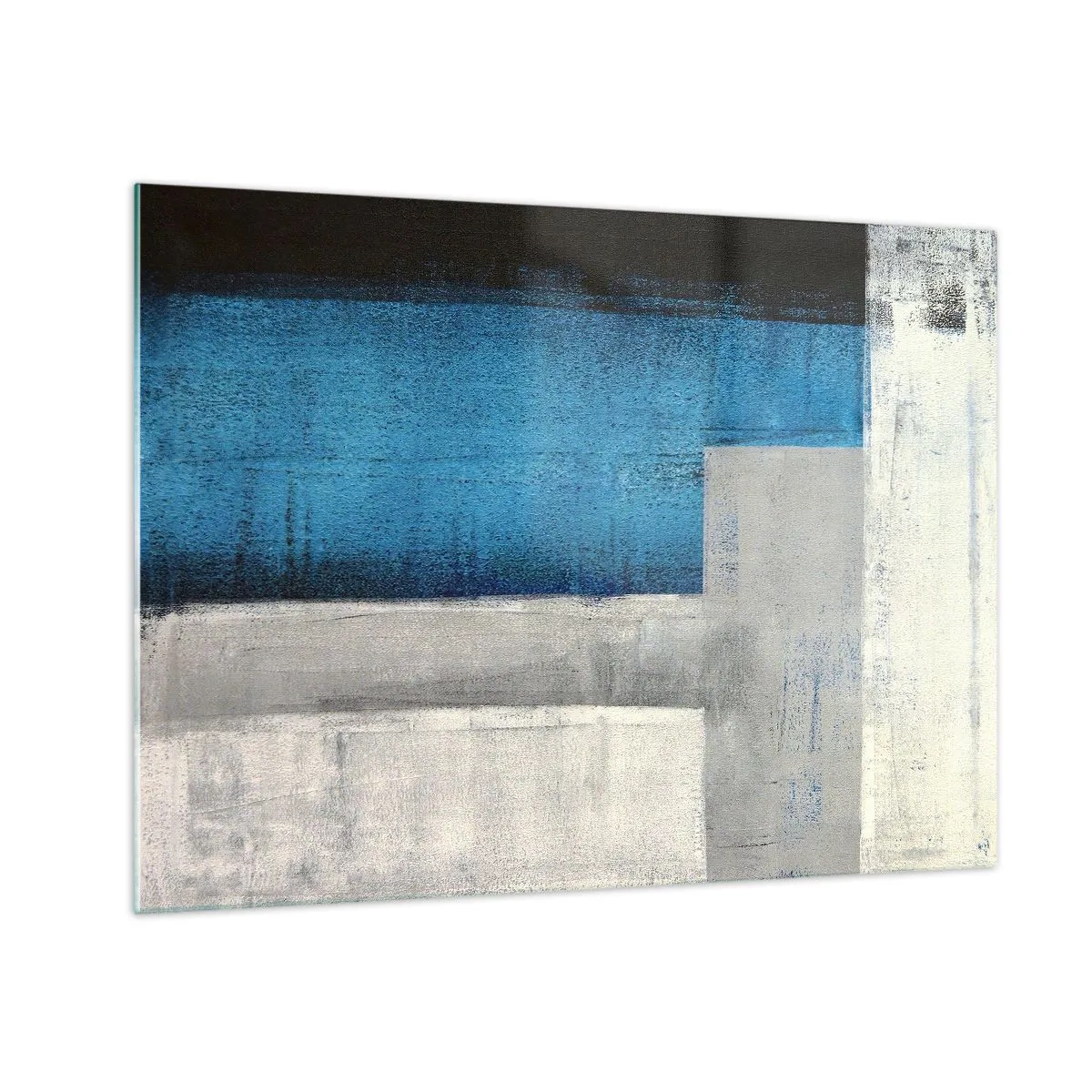 Obraz na skle - Geometrická abstrakce v modré, šedé a bílé - 70x50cm - Poetická kompozice šedé a modré - Moderní nástěnná dekorace do obývacího pokoje a ložnice ARTTOR