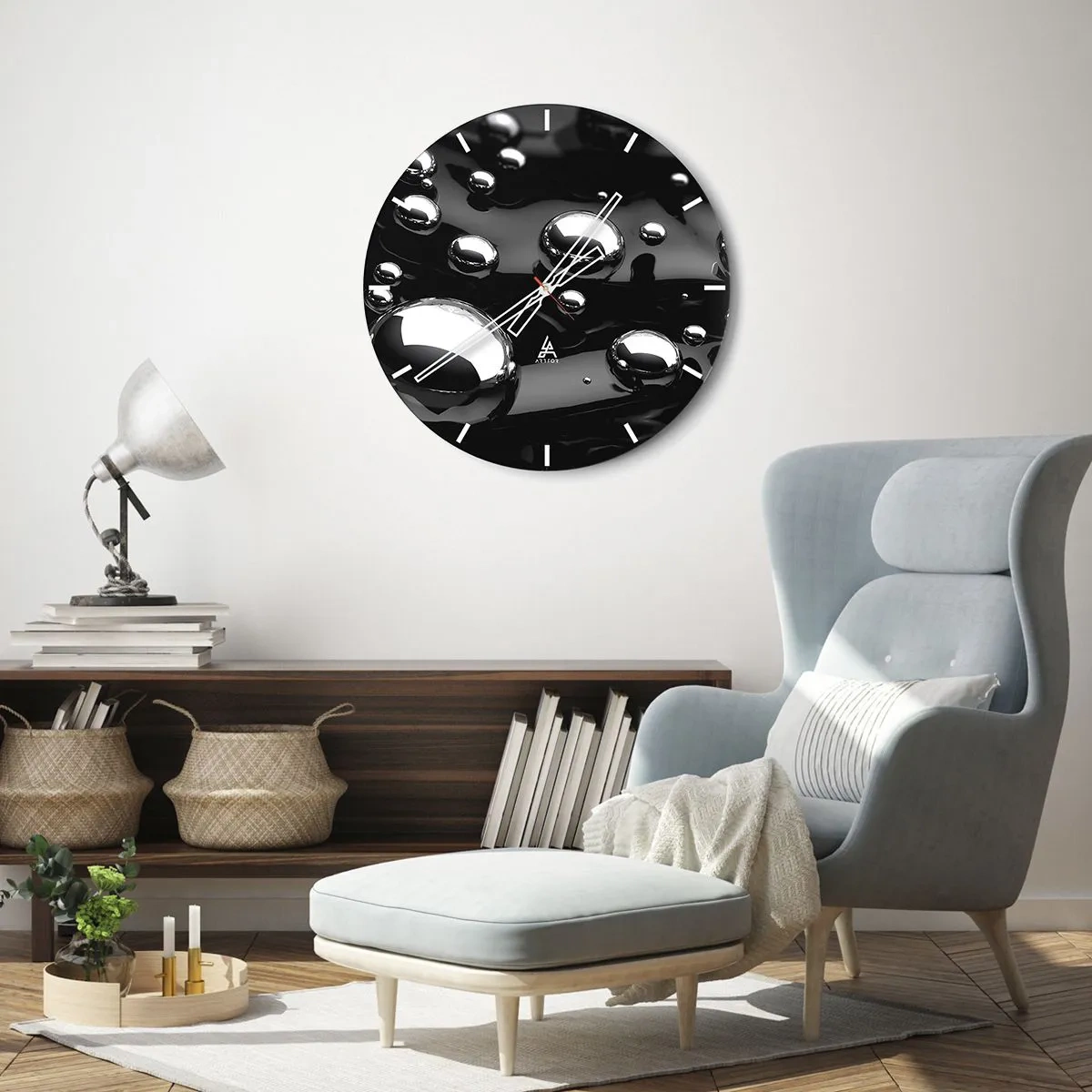 Nástěnné hodiny - Černé pozadí s třpytivými kapkami vody - 30x30cm - Z černé tůně - Moderní nástěnná dekorace do obývacího pokoje, kuchyně a ložnice ARTTOR