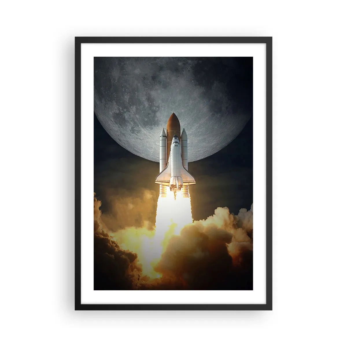 Plakát v černém rámu - Start raketoplánu s Měsícem v pozadí - 50x70cm - Začátek nadpřirozeného dobrodružství - Moderní nástěnná dekorace do obývacího pokoje a ložnice ARTTOR