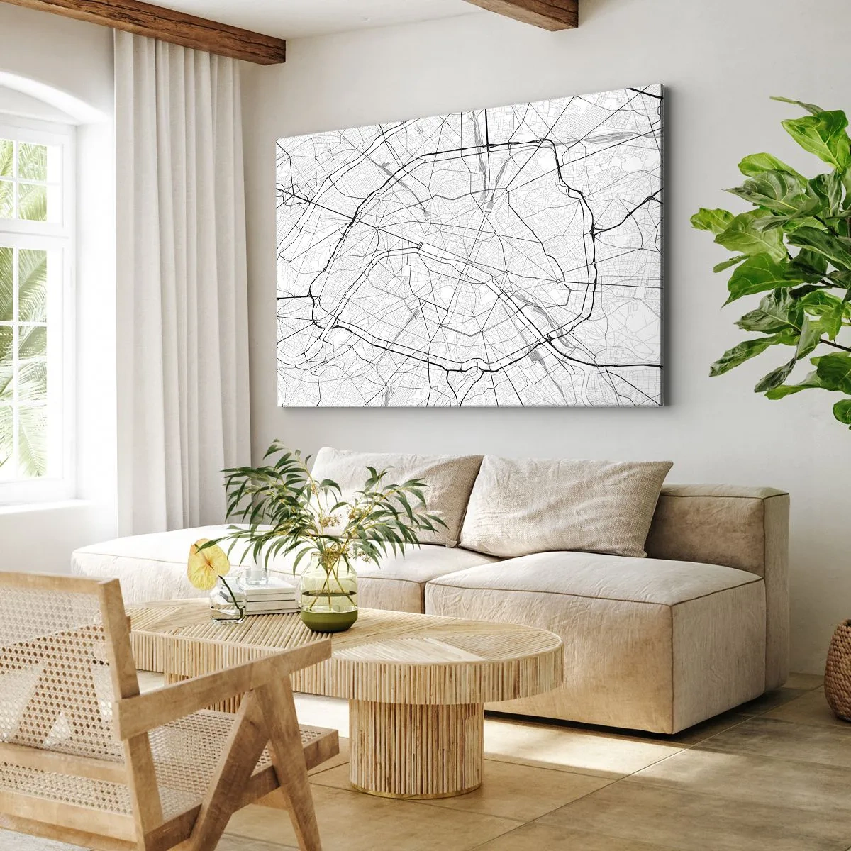 Obraz na plátně - Minimalistická mapa města v černé a bílé - 70x50cm - Květ Paříže - Moderní nástěnná dekorace do obývacího pokoje a ložnice ARTTOR