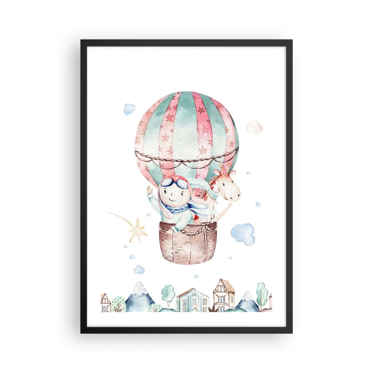 Plakát v černém rámu - Roztomilá ilustrace plyšového medvídka letícího v balónu nad městem - 50x70cm - Brzy se vrátíme! - Moderní nástěnná dekorace do obývacího pokoje a ložnice ARTTOR