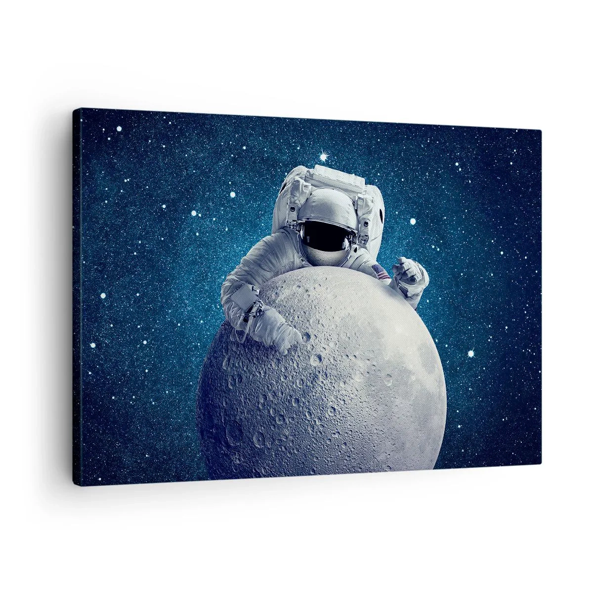 Obraz na plátně - Astronaut držící měsíc proti hvězdné obloze - 70x50cm - Vesmírný vtipálek - Moderní nástěnná dekorace do obývacího pokoje a ložnice ARTTOR