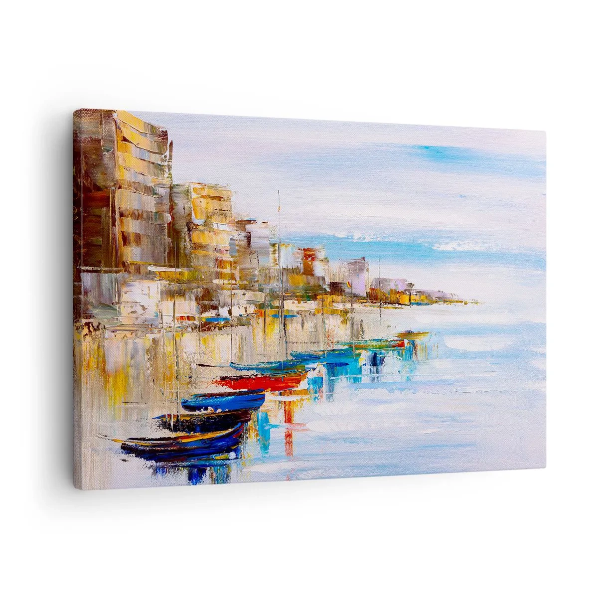 Obraz na plátně - Barevné lodě na břehu s výhledem na panorama města - 70x50cm - Vícebarevný městský přístav - Moderní nástěnná dekorace do obývacího pokoje a ložnice ARTTOR