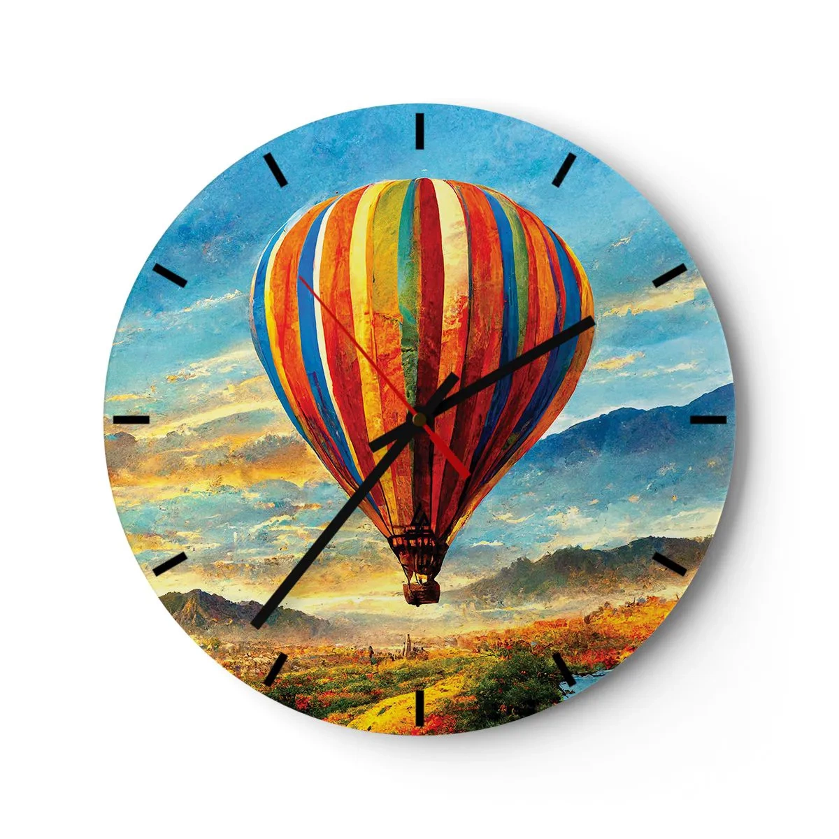 Nástěnné hodiny - Barevný balón proti horské krajině při východu slunce - 30x30cm - V tichu je toho vidět víc - Moderní nástěnná dekorace do obývacího pokoje, kuchyně a ložnice ARTTOR