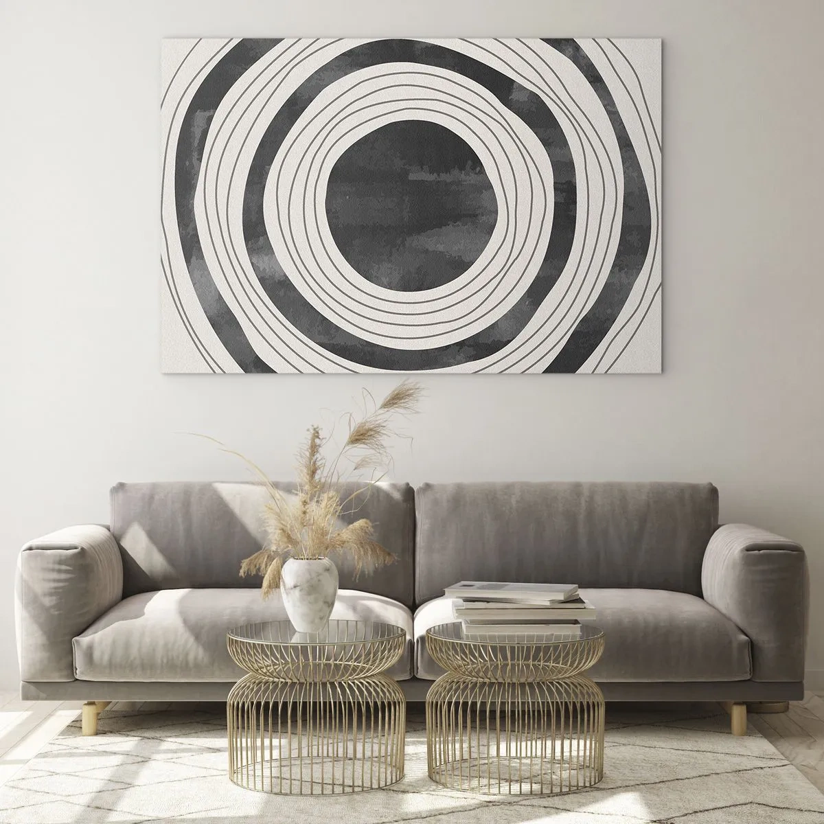 Obraz na skle - Černobílé soustředné kruhy s nepravidelnými obrysy - 70x50cm - Přesný zásah - Moderní nástěnná dekorace do obývacího pokoje a ložnice ARTTOR
