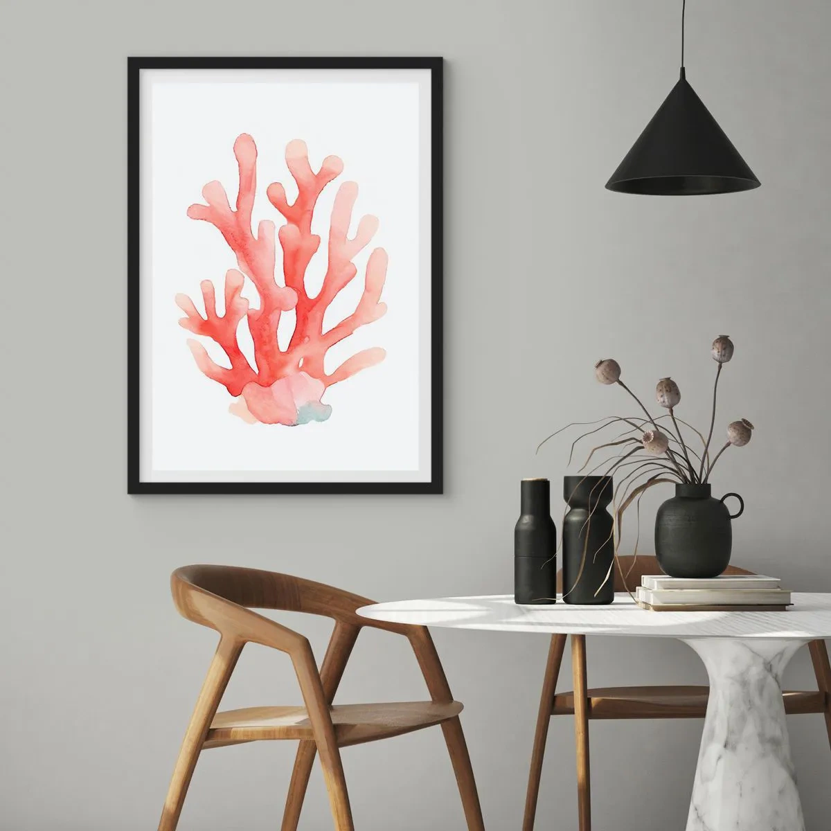 Plakát v černém rámu - Akvarelová ilustrace červeného korálu na bílém pozadí - 50x70cm - Korálový korál - Moderní nástěnná dekorace do obývacího pokoje a ložnice ARTTOR