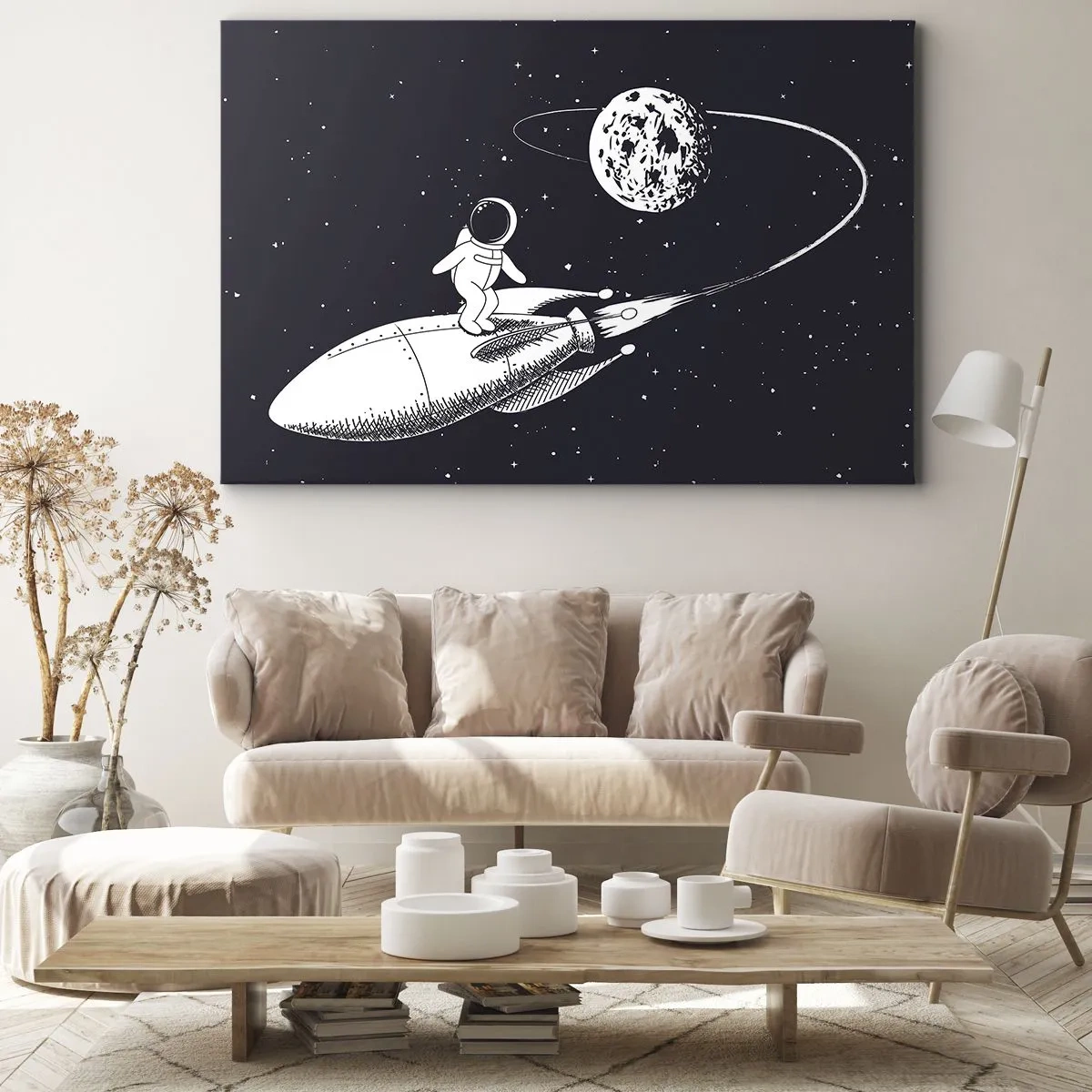 Obraz na plátně - Astronaut na raketě ve vesmíru - 70x50cm - Vesmírný surfing - Moderní nástěnná dekorace do obývacího pokoje a ložnice ARTTOR