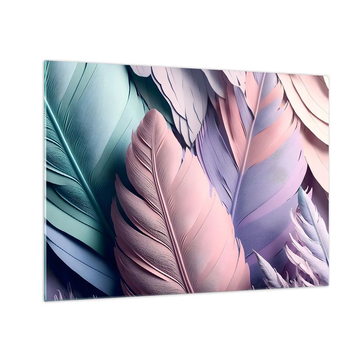Obraz na skle - Pastelové peří v odstínech růžové, fialové a tyrkysové - 70x50cm - Ptačí styl - Moderní nástěnná dekorace do obývacího pokoje a ložnice ARTTOR