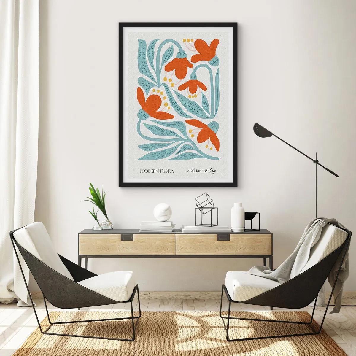 Plakát v černém rámu - Dekorativní květiny v odstínech oranžové a modré - 50x70cm - K zemi, ke slunci - Moderní nástěnná dekorace do obývacího pokoje a ložnice ARTTOR