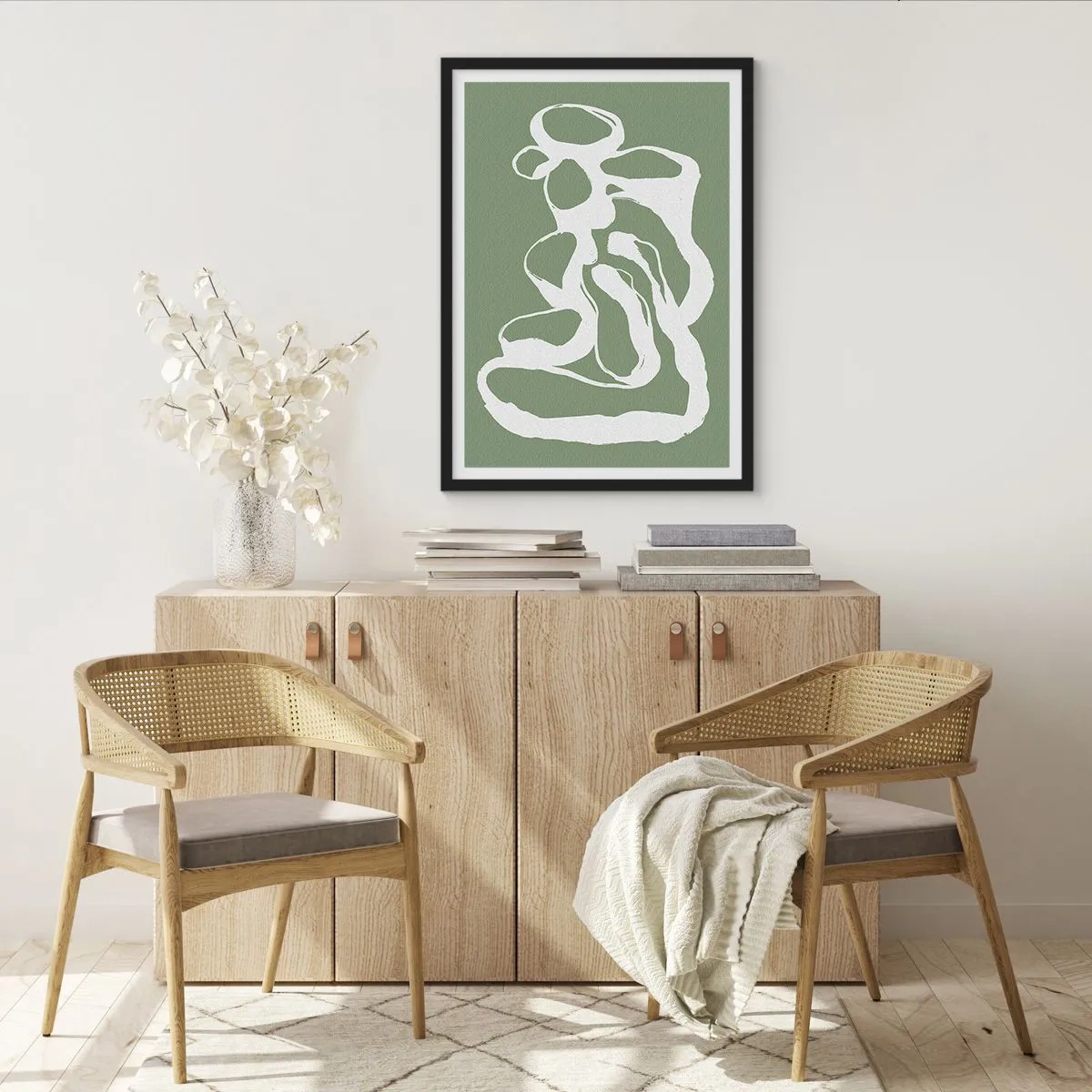Plakát v černém rámu - Abstraktní bílá kompozice na zeleném pozadí - 50x70cm - Volání prostoru - Moderní nástěnná dekorace do obývacího pokoje a ložnice ARTTOR