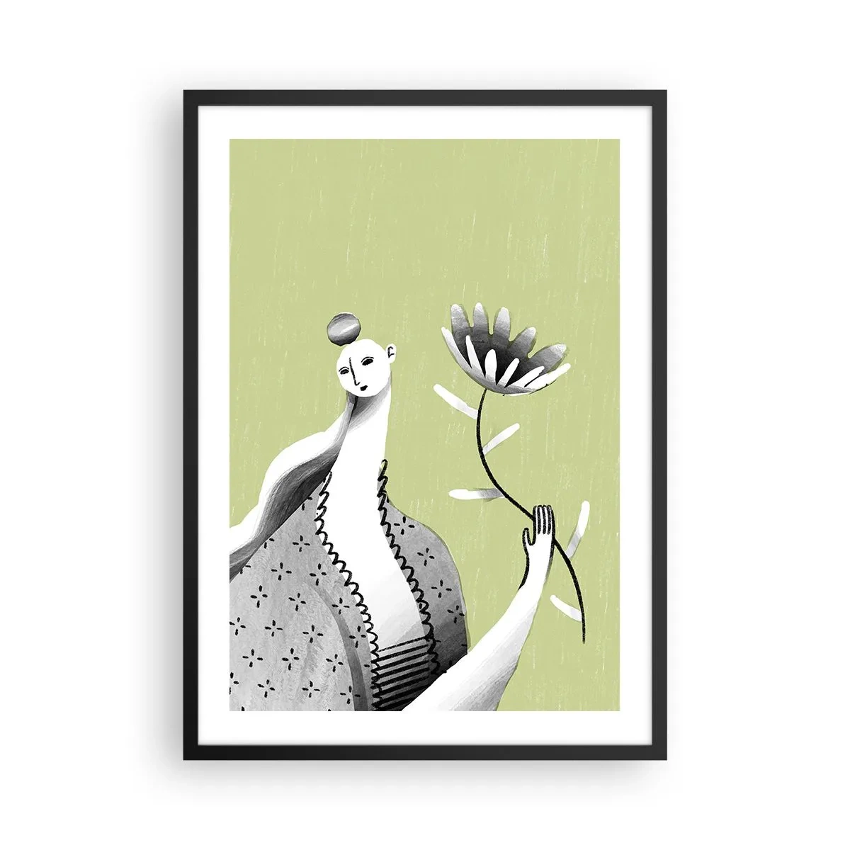 Plakát v černém rámu - Minimalistická žena držící květinu na zeleném pozadí - 50x70cm - Modernistický portrét – držící květinu - Moderní nástěnná dekorace do obývacího pokoje a ložnice ARTTOR