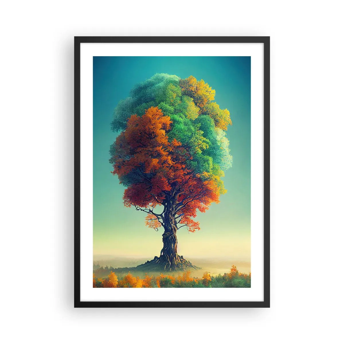 Plakát v černém rámu - Strom v barvách čtyř ročních období - 50x70cm - Dub – otec přírody - Moderní nástěnná dekorace do obývacího pokoje a ložnice ARTTOR