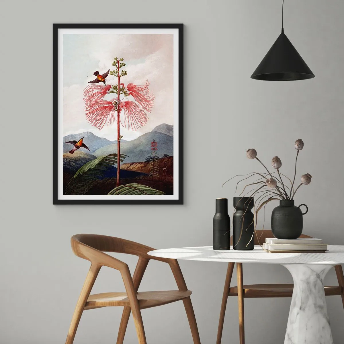 Plakát v černém rámu - Exotická květina s kolibříky mezi horami - 50x70cm - V tropickém ráji - Moderní nástěnná dekorace do obývacího pokoje a ložnice ARTTOR