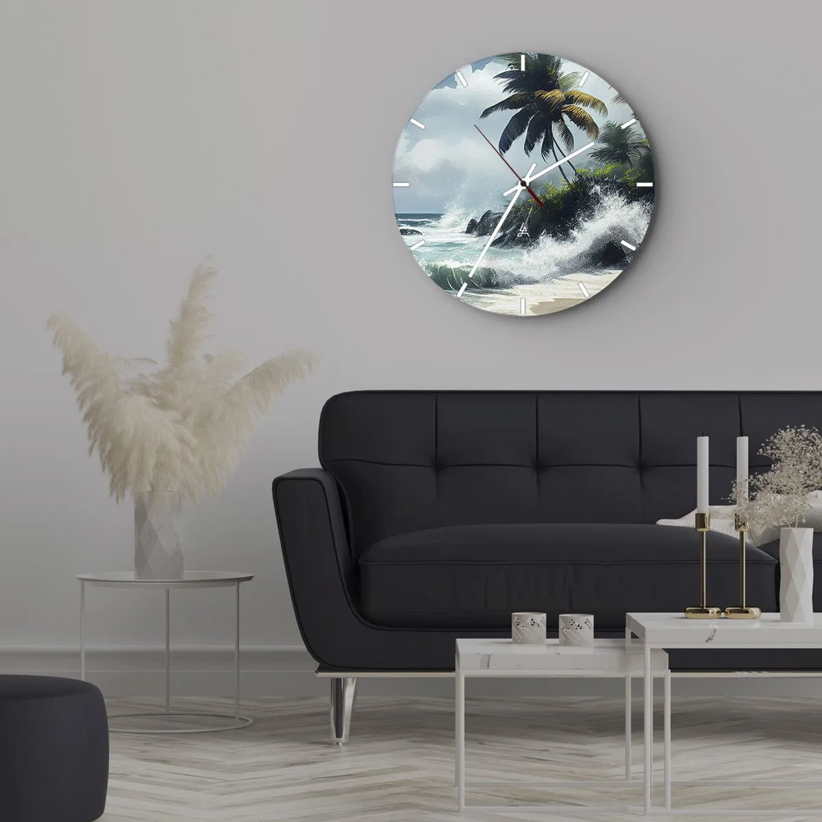 Nástěnné hodiny - Tropická pláž s palmami a tříštícími se oceánskými vlnami - 30x30cm - Na tropickém pobřeží - Moderní nástěnná dekorace do obývacího pokoje, kuchyně a ložnice ARTTOR