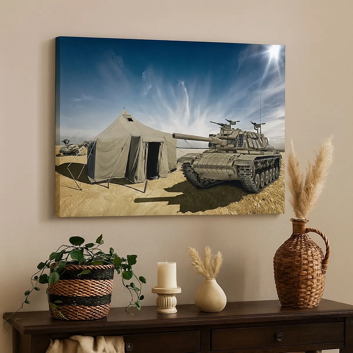 Obraz na plátně - Tank vedle vojenského stanu v pouštní oblasti - 70x50cm - Militantní sen - Moderní nástěnná dekorace do obývacího pokoje a ložnice ARTTOR
