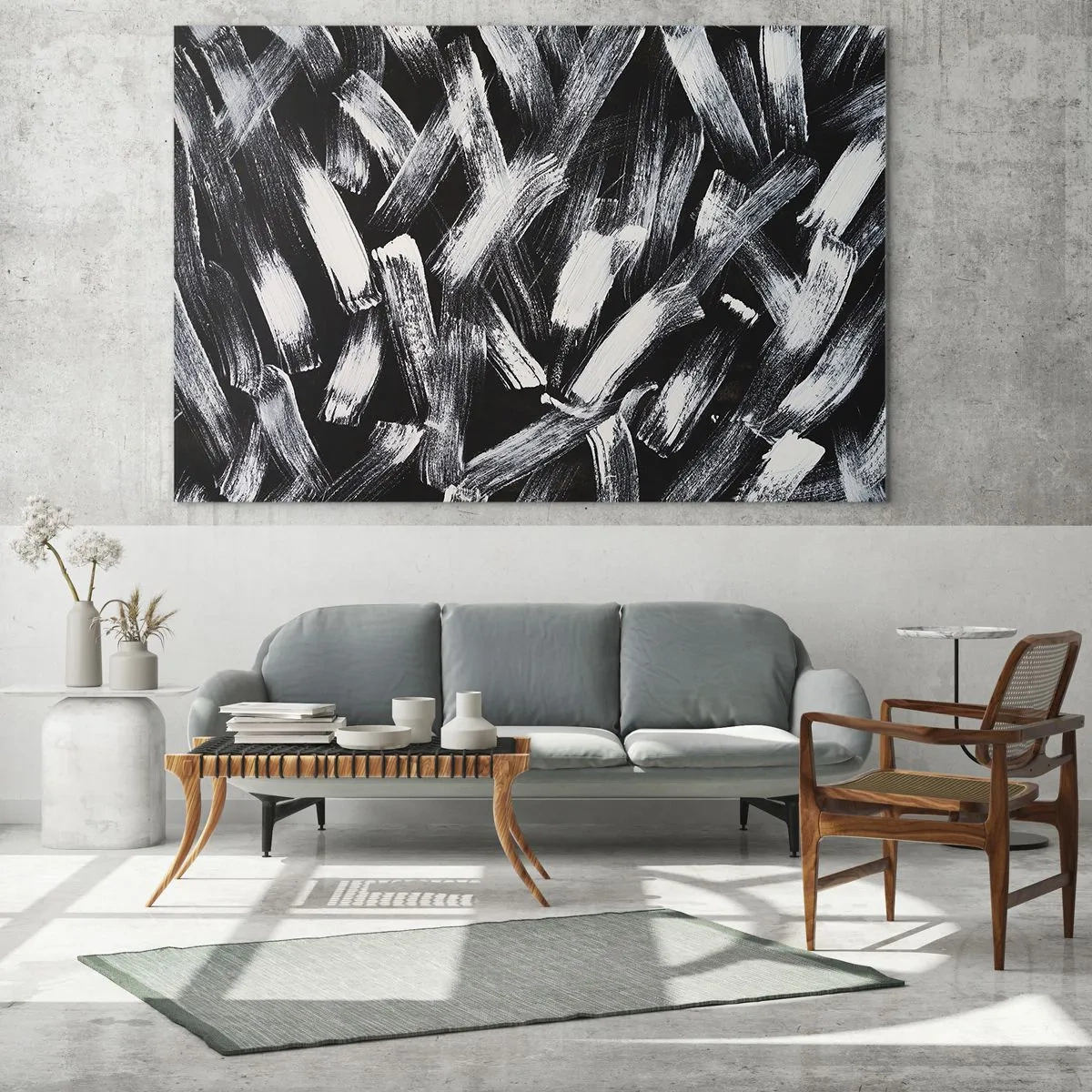 Obraz na skle - Černobílá abstrakce tahů štětcem na tmavém pozadí - 70x50cm - Abstrakce v industriálním duchu - Moderní nástěnná dekorace do obývacího pokoje a ložnice ARTTOR
