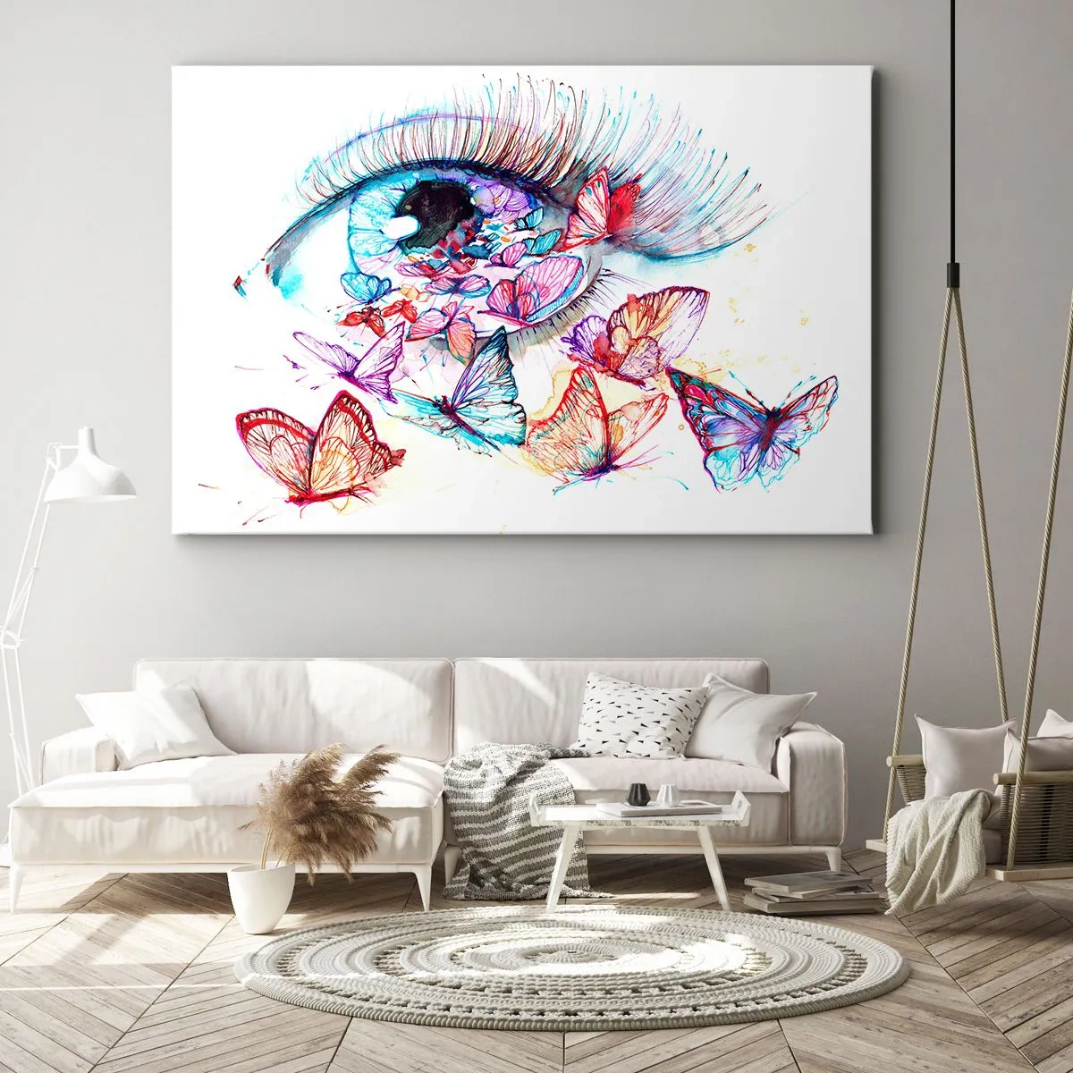 Obraz na plátně - Akvarelové oko obklopené barevnými motýly - 70x50cm - Pohádkové kouzlo očí - Moderní nástěnná dekorace do obývacího pokoje a ložnice ARTTOR