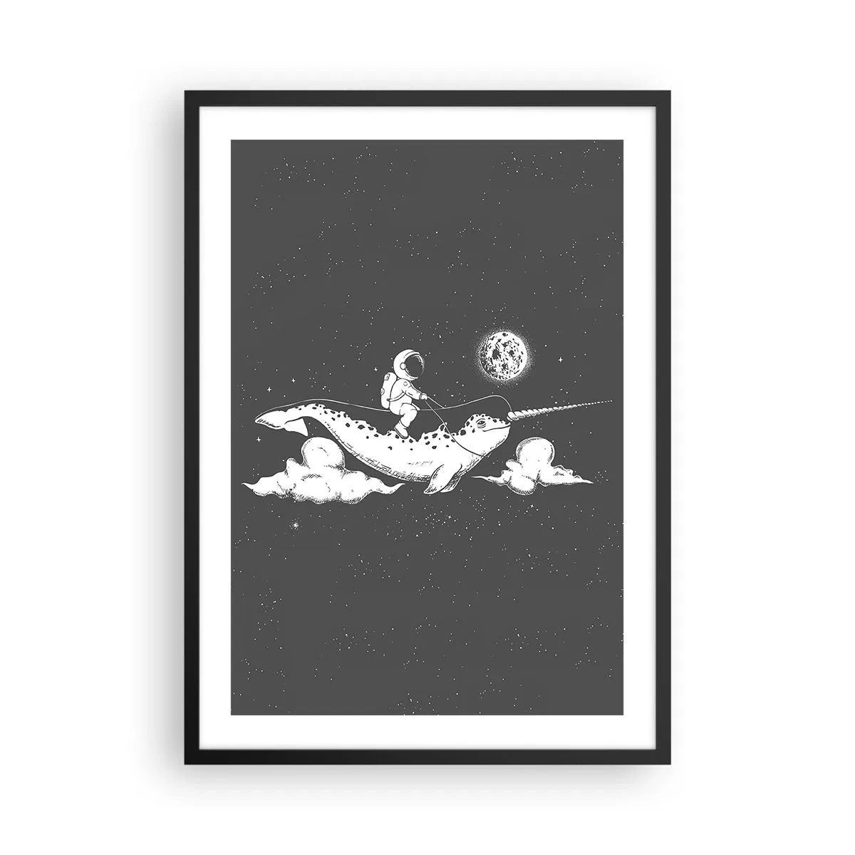 Plakát v černém rámu - Astronaut na zádech narvala ve vesmíru - 50x70cm - Vesmírný jezdec - Moderní nástěnná dekorace do obývacího pokoje a ložnice ARTTOR