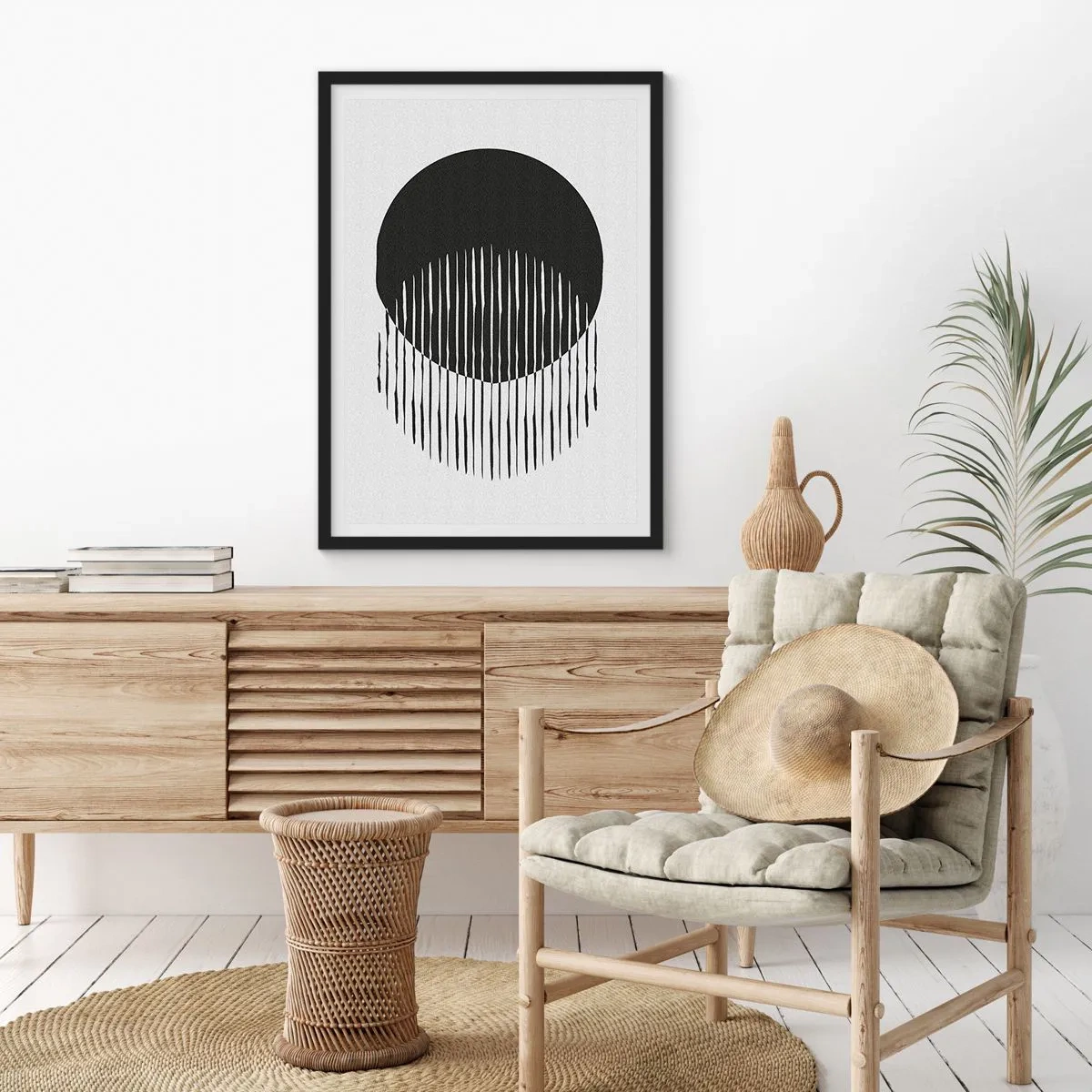Plakát v černém rámu - Abstraktní kompozice černého kruhu a svislých čar - 50x70cm - Jeho alter ego - Moderní nástěnná dekorace do obývacího pokoje a ložnice ARTTOR