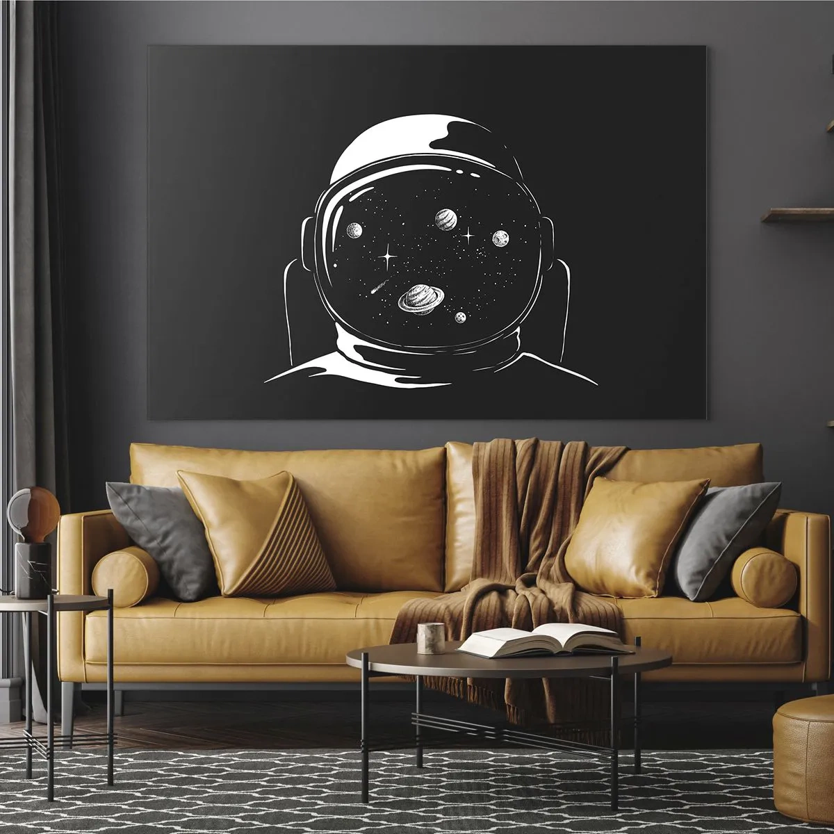 Obraz na skle - Astronaut s hvězdami a planetami v helmě na černém pozadí - 70x50cm - Skvělý výhled - Moderní nástěnná dekorace do obývacího pokoje a ložnice ARTTOR