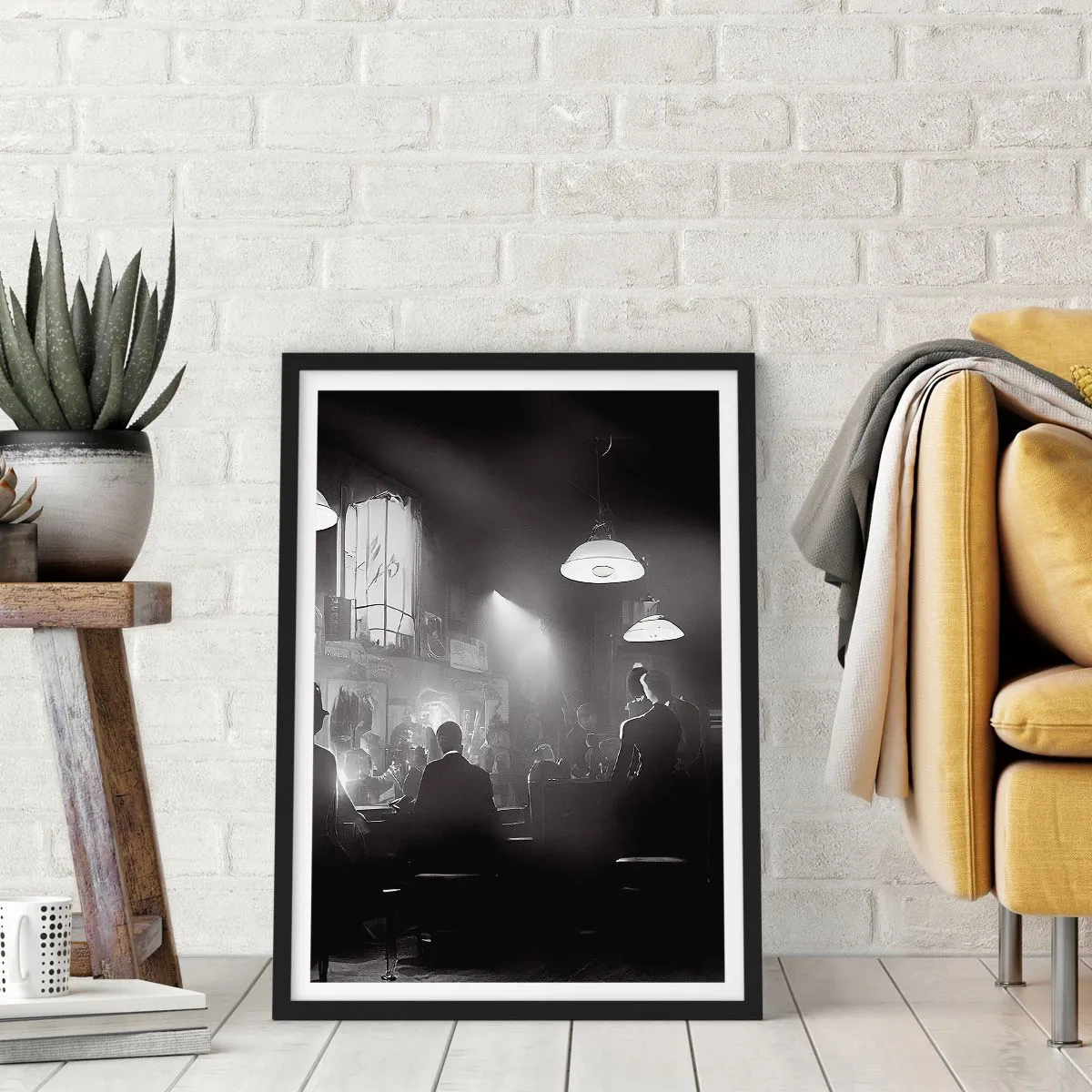 Plakát v černém rámu - Černobílá scéna z atmosférického jazzového nočního klubu - 50x70cm - V jazzové atmosféře - Moderní nástěnná dekorace do obývacího pokoje a ložnice ARTTOR