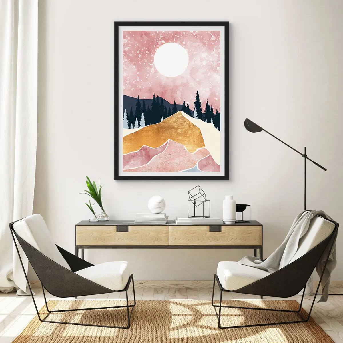 Plakát v černém rámu - Abstraktní krajina s lesem, horami a zlatými akcenty - 50x70cm - Noční hlídka - Moderní nástěnná dekorace do obývacího pokoje a ložnice ARTTOR