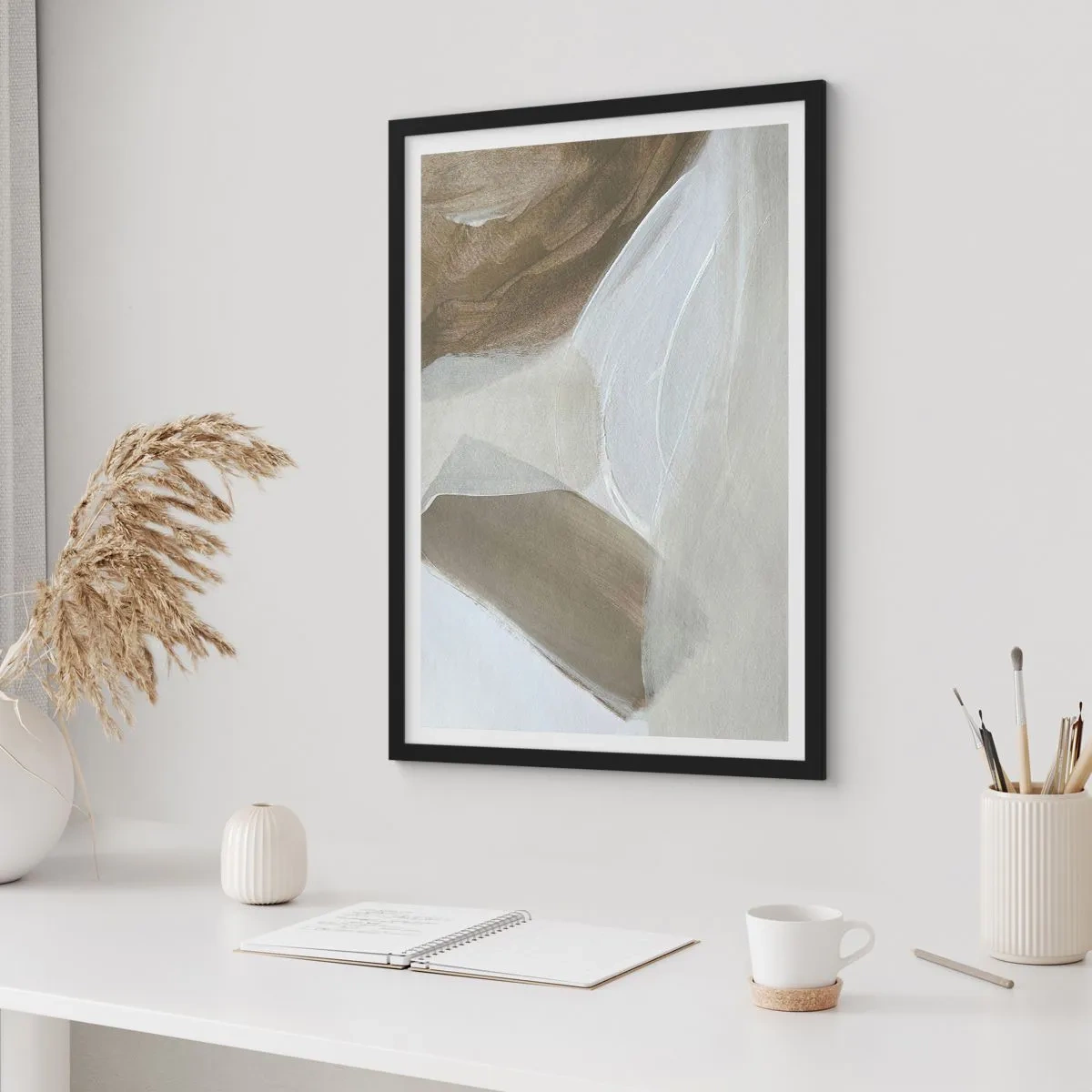 Plakát v černém rámu - Minimalistická abstrakce v béžových odstínech - 50x70cm - Vlna bílé - Moderní nástěnná dekorace do obývacího pokoje a ložnice ARTTOR